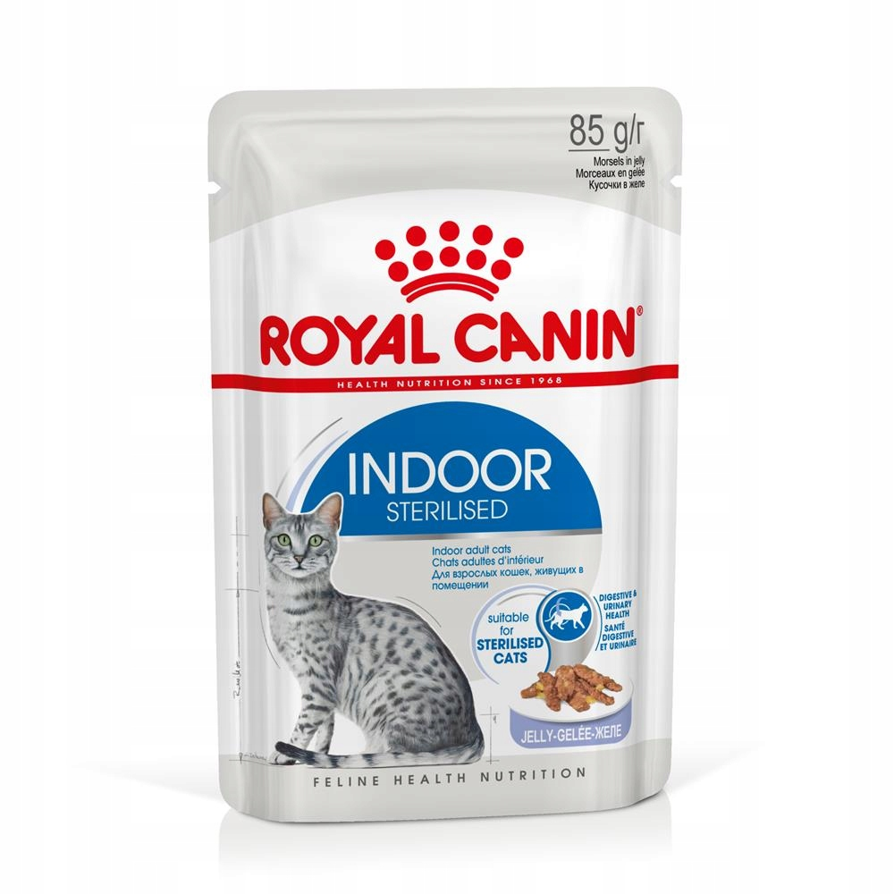 Opakowanie karmy dla kotów ze zdjęciem kota. Tekst zawiera 'Royal Canin', 'Indoor Sterilised' i 'Jelly-Gelee'.