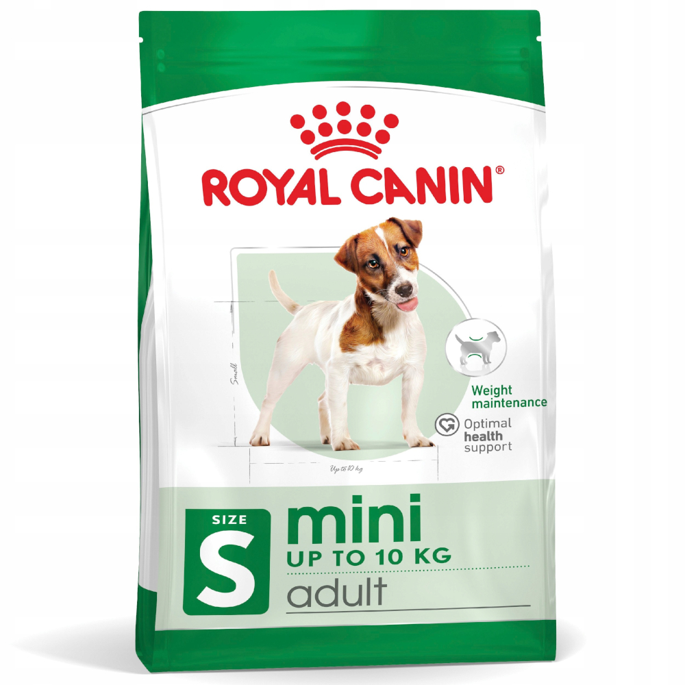 Torba karmy dla psów. Zawiera logo Royal Canin, wizerunek psa i tekst wskazujący na karmę dla dorosłych psów mini.