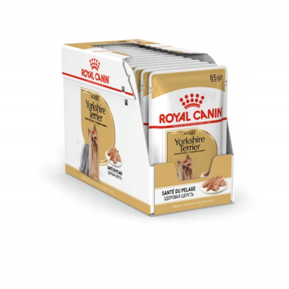 Pudełko karmy Royal Canin dla yorkshire terrierów. Pudełko jest biało-złote, a w środku widoczne są saszetki.