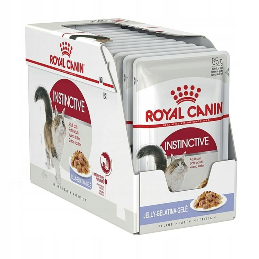 Pudełko saszetek z karmą dla kotów Royal Canin Instinctive, z ilustracją kota i obrazem jedzenia.