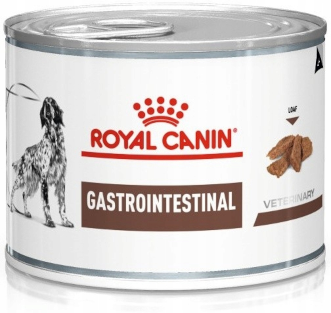 Puszka karmy dla psów Royal Canin. Zawiera ilustrację psa oraz napisy 'Gastrointestinal' i 'Veterinary'.