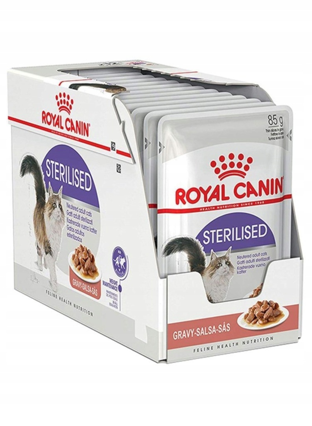 Pudełko saszetek z karmą dla kotów sterylizowanych Royal Canin. Pudełko zawiera logo marki, zdjęcia kotów i szczegóły produktu.