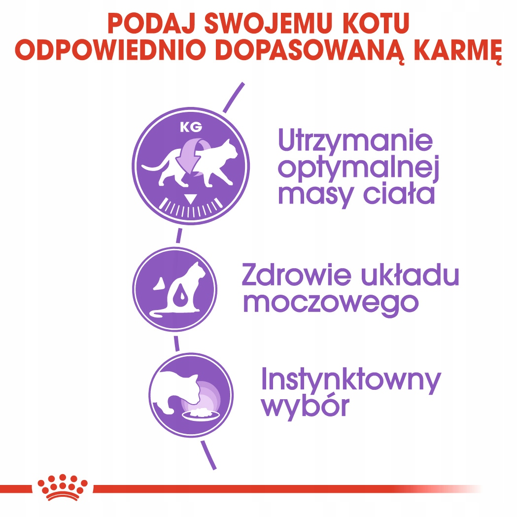 Obraz z tekstem i ilustracjami o korzyściach płynących z karmy dla kotów: kontrola wagi, zdrowie układu moczowego i instynktowny wybór.