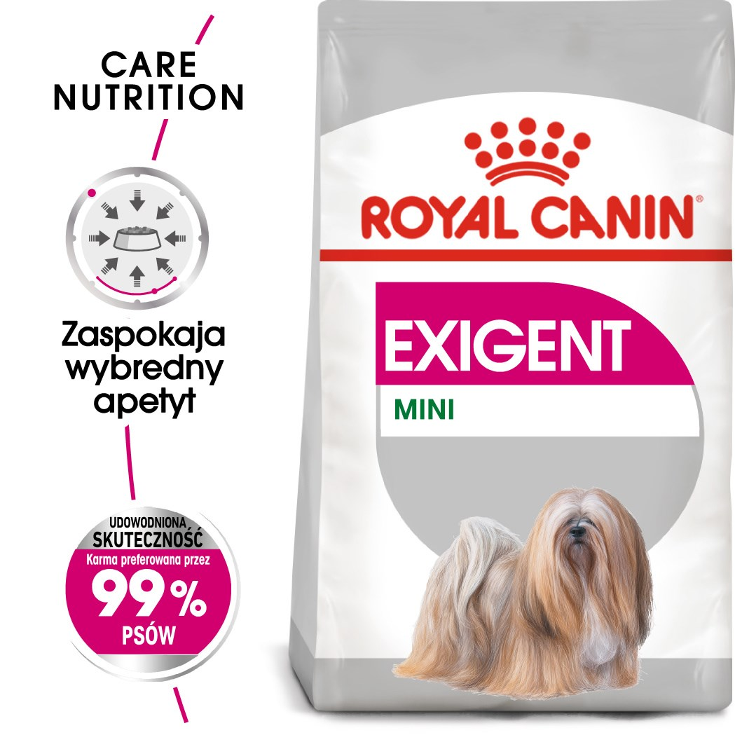 Bolsa de comida para perros con texto e imagen de perro. La marca es Royal Canin. Es para perros mini, con un 99% de preferencia.