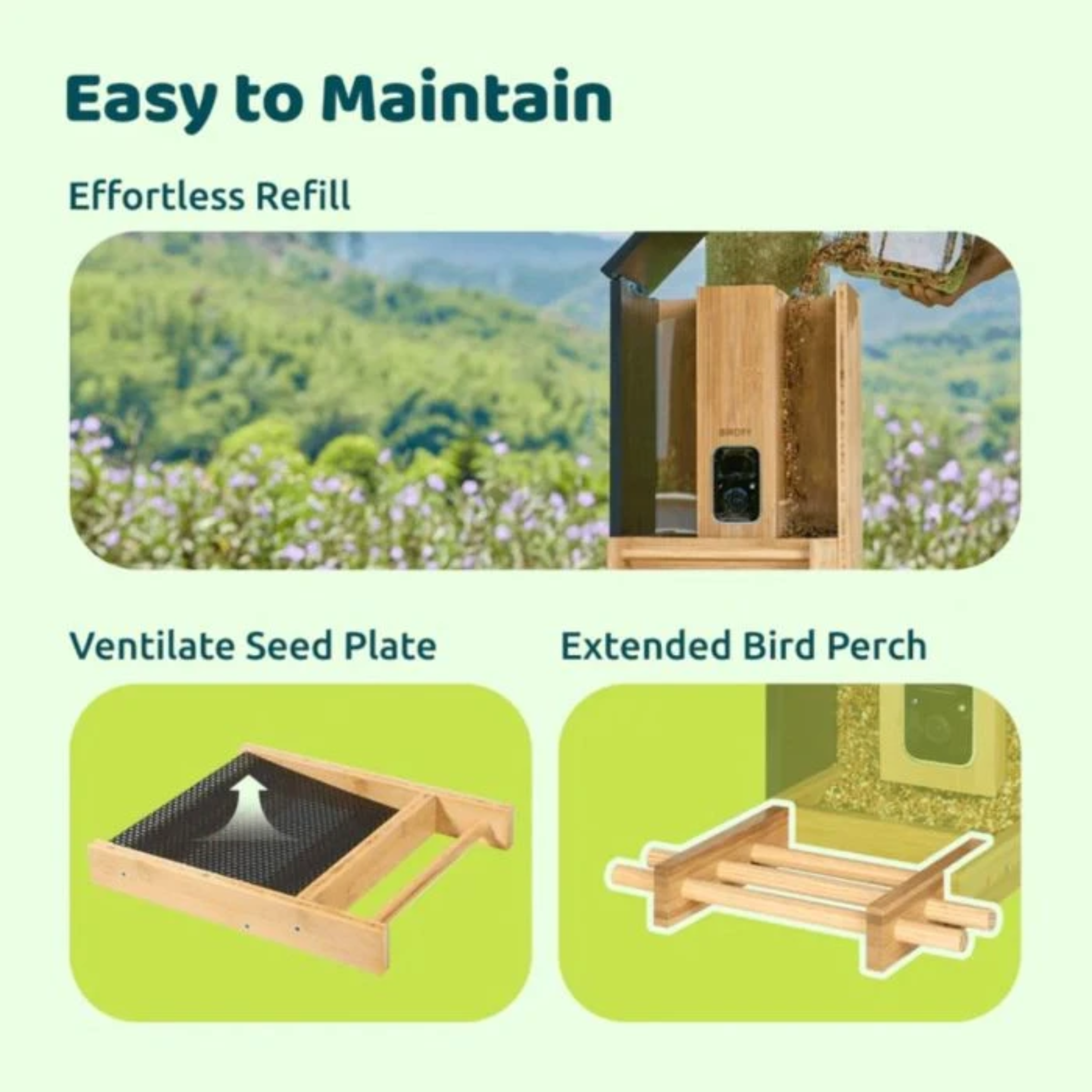 La imagen muestra un comedero para pájaros con texto: Fácil de mantener, Relleno sin esfuerzo, Placa de semillas ventilada y Percha extendida para pájaros.