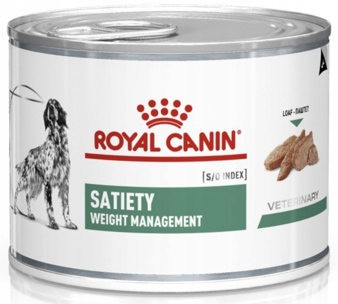 Puszka karmy dla psów Royal Canin. Zawiera ilustrację psa, nazwę marki i tekst o sytości i kontroli wagi.