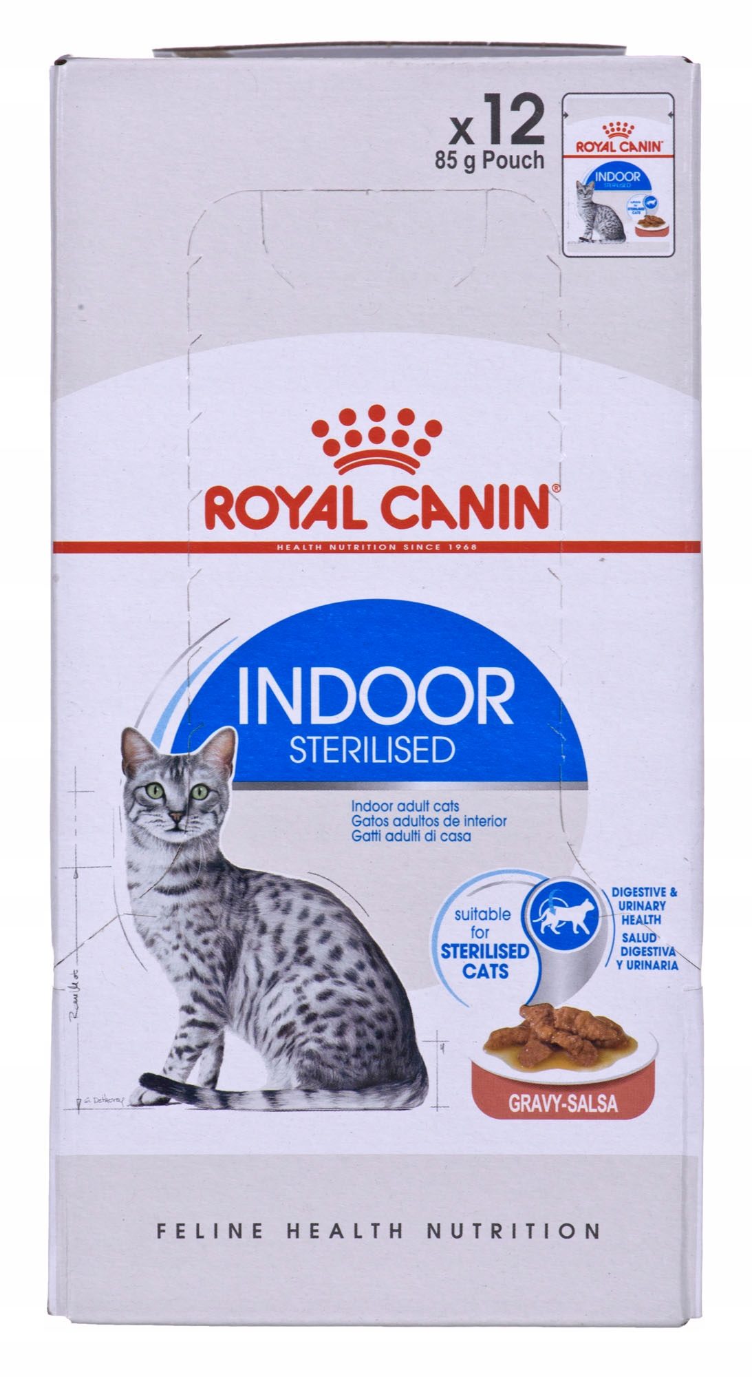 Pudełko karmy dla kotów Royal Canin. Zawiera napis Indoor Sterilised. Na pudełku jest kot. Jedzenie to gravy-salsa.