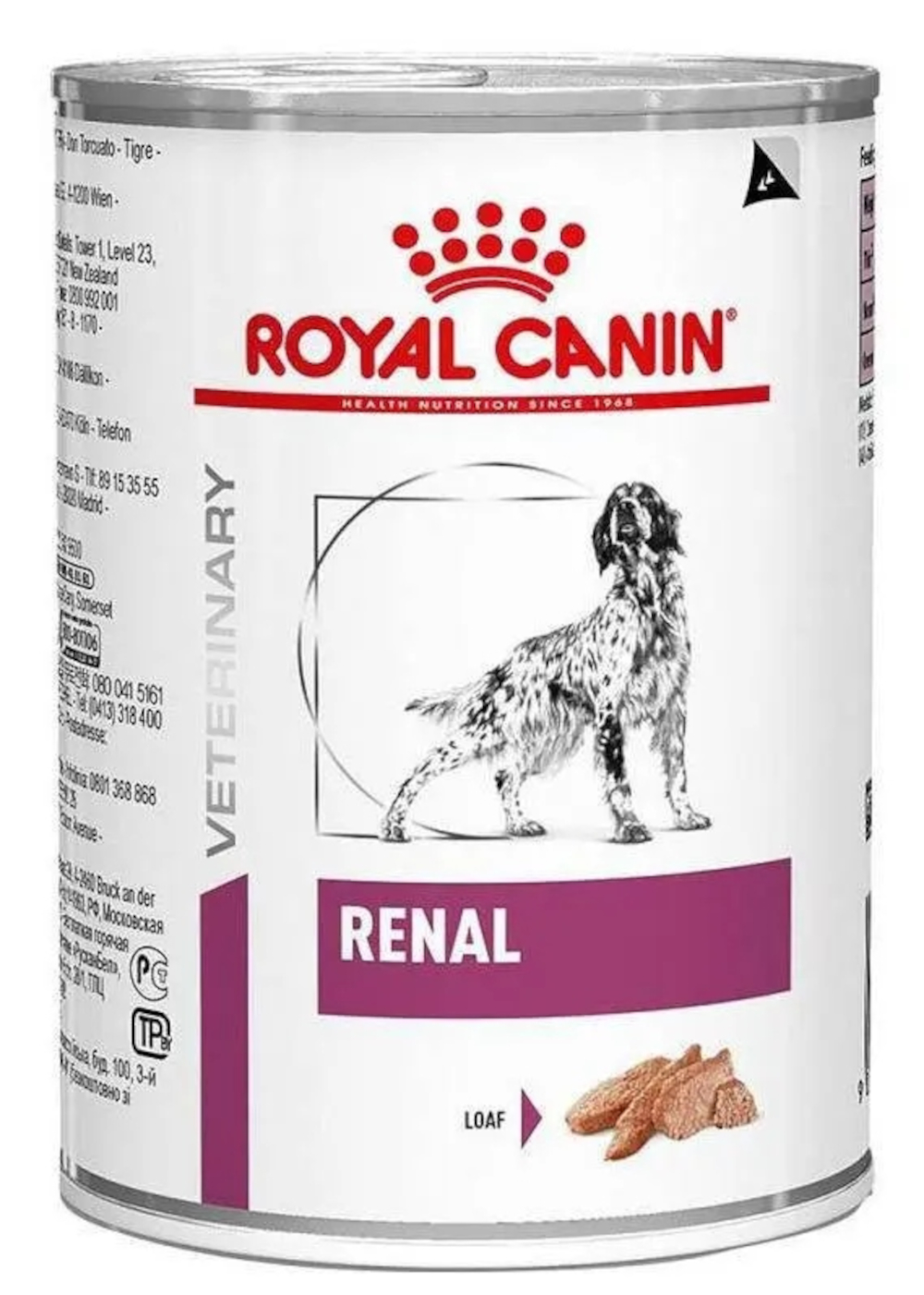Puszka karmy dla psów Royal Canin. Zawiera ilustrację psa i słowo 'Renal'. Na dole widać bochenek chleba.