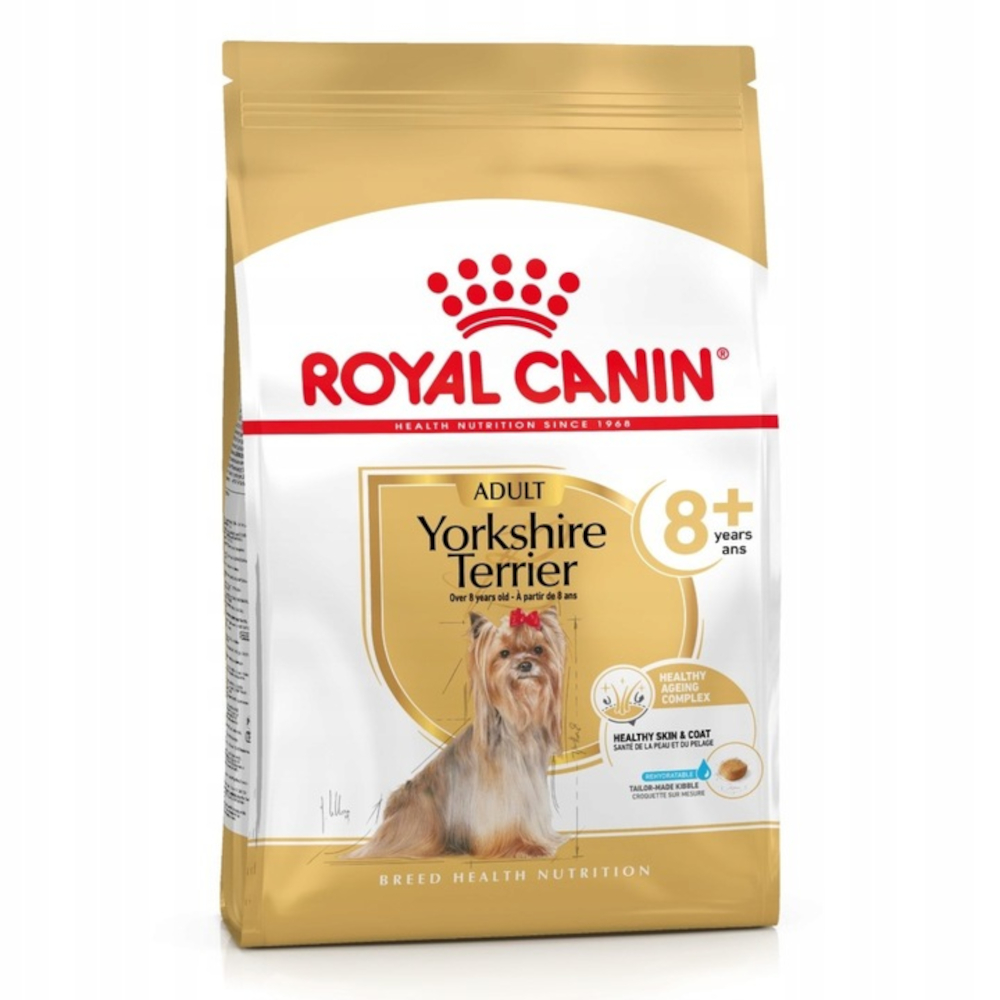 Torba karmy dla psów. Zawiera 'Royal Canin', obraz Yorkshire Terriera i tekst: Dorosły, 8+ lat. Złote i białe opakowanie.