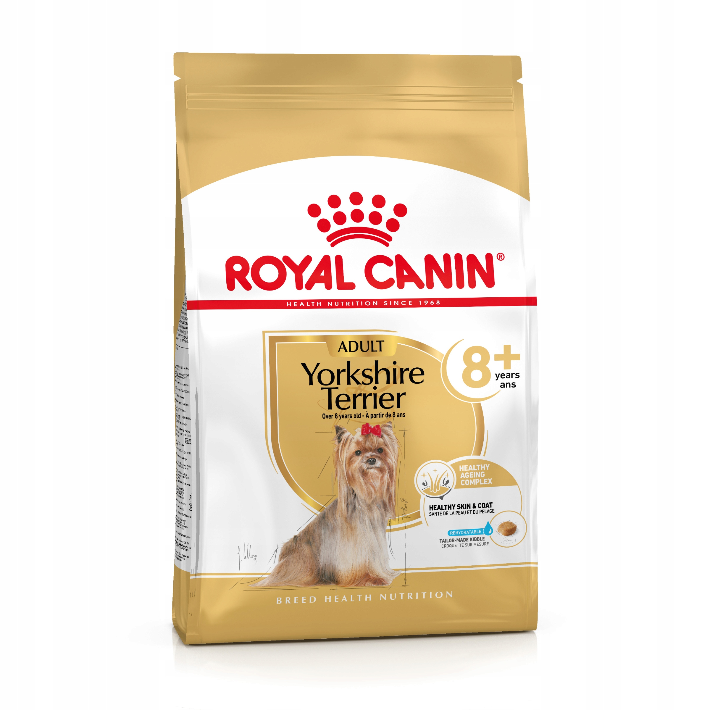 Torba na karmę dla psów. Marka to Royal Canin. Zawiera Yorkshire Terriera. Tekst zawiera 'Adult', '8+' i 'Healthy Skin & Coat'.