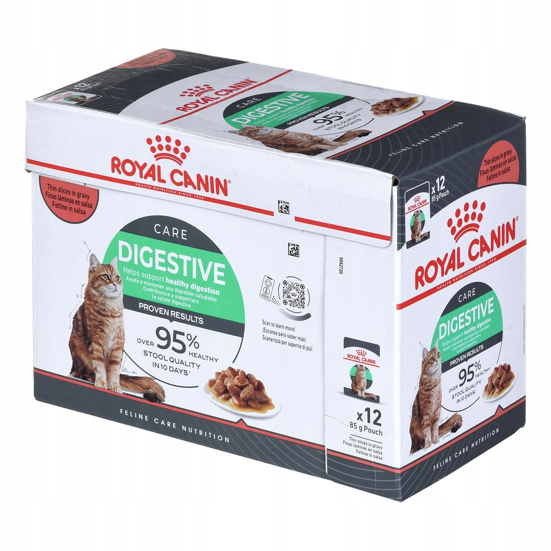 Una caja de comida para gatos Royal Canin, 'Digestive', con un gato en la caja. Tiene texto en varios idiomas.
