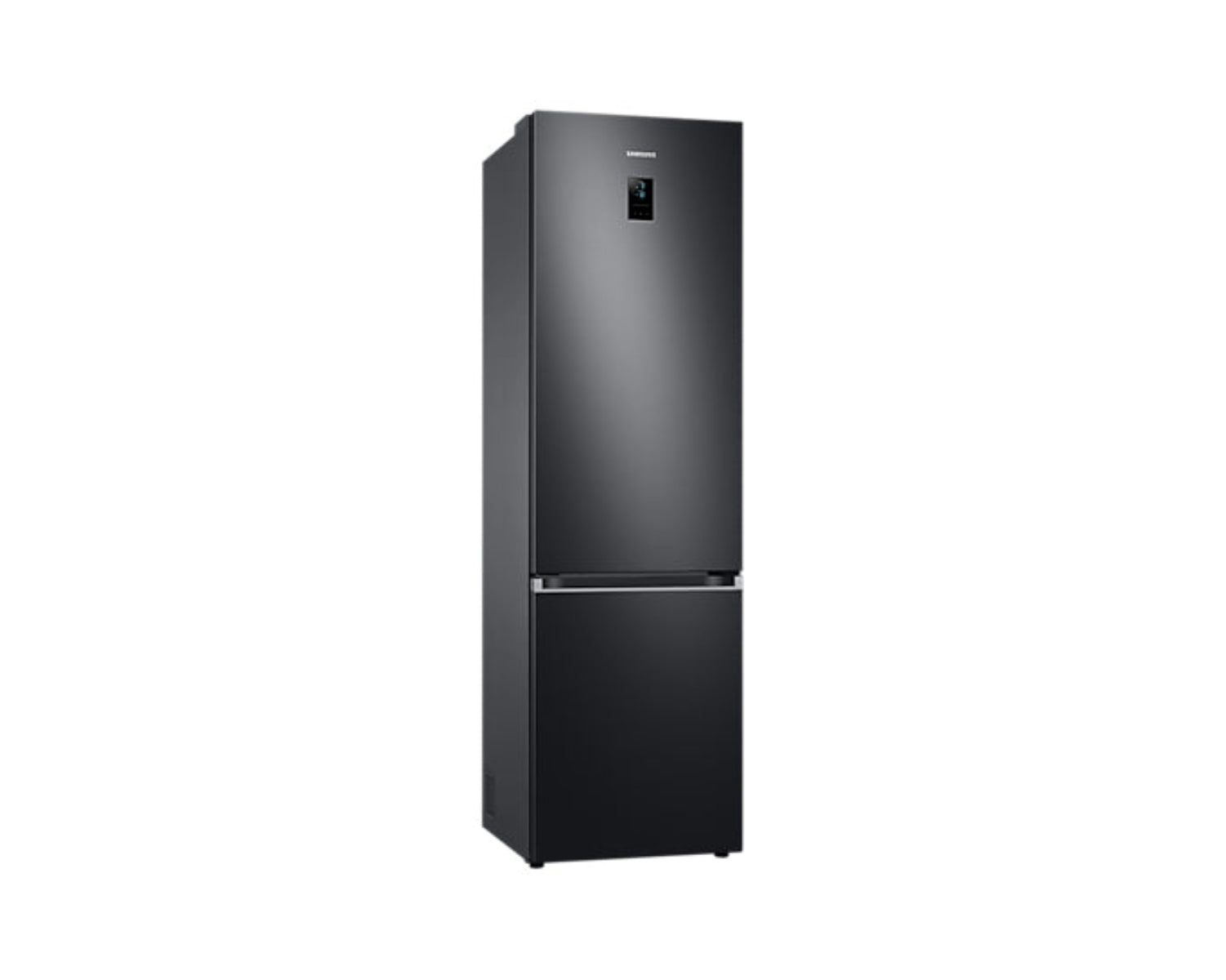 Un refrigerador Samsung negro sobre fondo blanco. Tiene una sección superior y un congelador inferior.