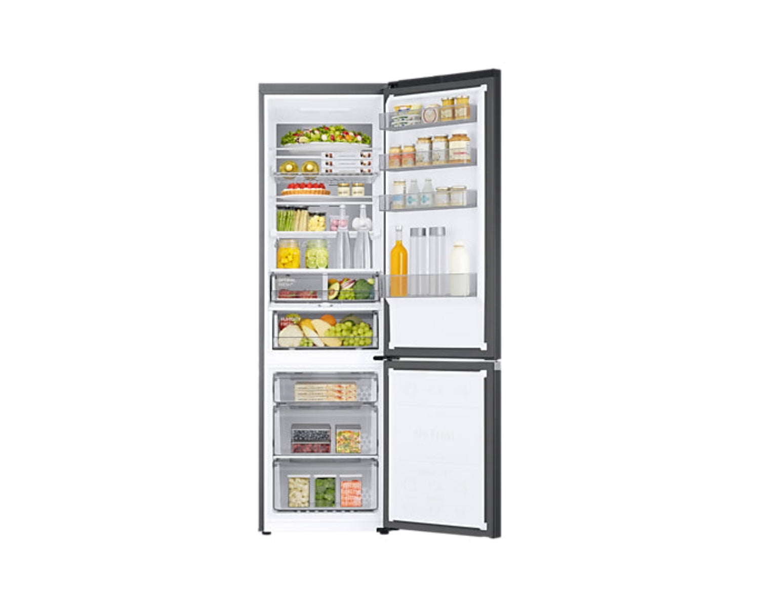 Refrigerador abierto lleno de alimentos. Se ven frutas, verduras y frascos de comida. La puerta está abierta, mostrando estantes.