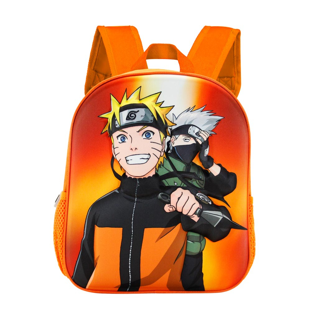 Mochila naranja con ilustraciones de Naruto y Kakashi. Naruto en naranja y negro, Kakashi en verde. Correas y fondo naranjas.