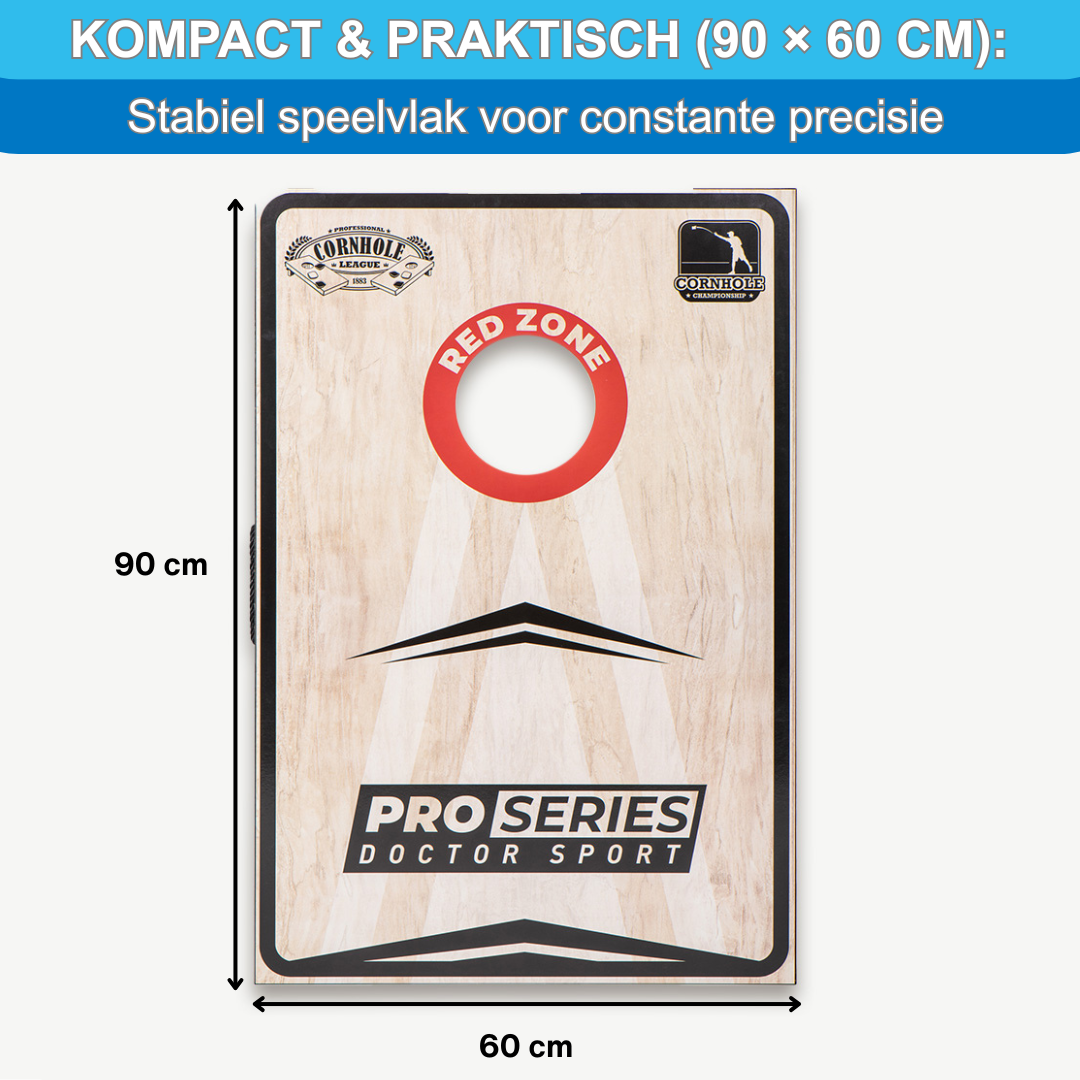 Ein Cornhole-Board mit rotem Kreis in der Mitte, beschriftet mit 'Red Zone'. Abmessungen: 90x60 cm. 'Pro Series' ist geschrieben.