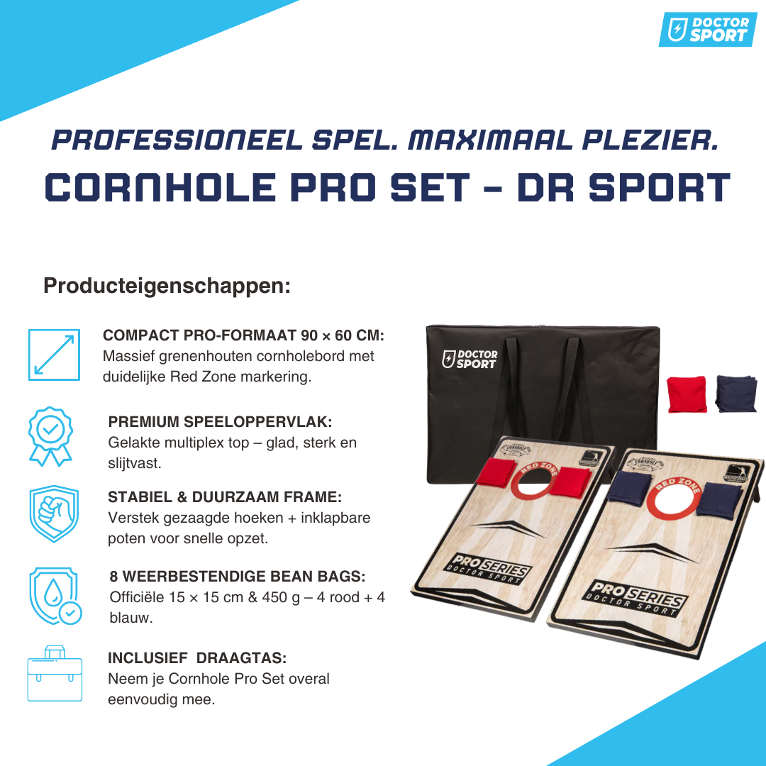 Cornhole Pro Set mit zwei Brettern, Beanbags und einer Tragetasche. Bretter haben rote und blaue Säcke.