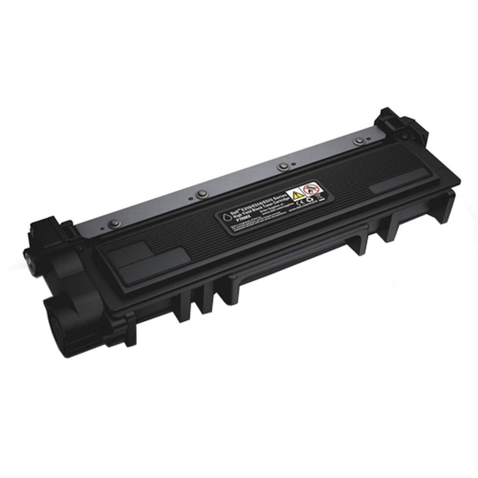 Una cartuccia toner nera per stampante su sfondo bianco. Ha un'etichetta con testo e simboli di avvertimento.