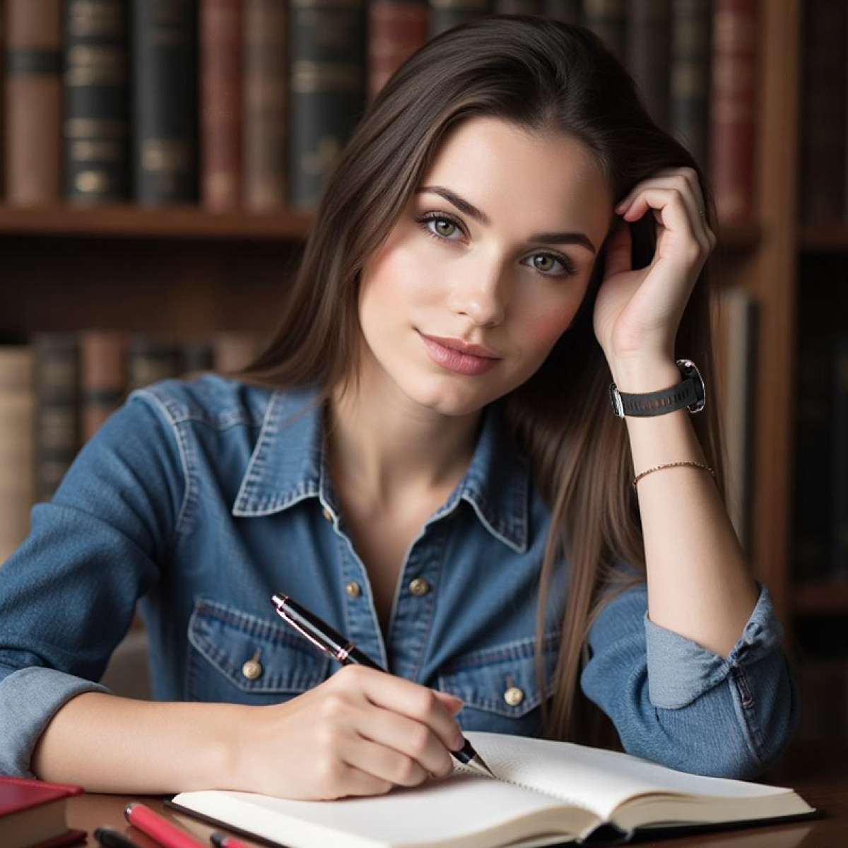 Kobieta w dżinsowej koszuli pisze w notatniku długopisem. Regały z książkami w tle. Patrzy na widza.