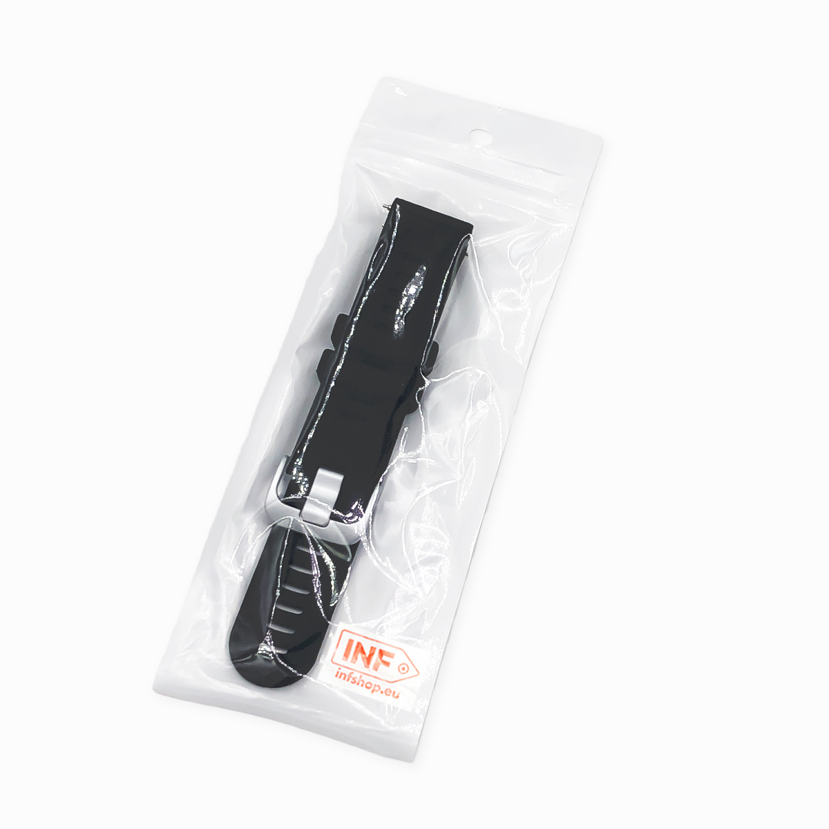 Czarny pasek do zegarka jest zapakowany w przezroczystą plastikową torbę. Torba ma mały otwór i logo.