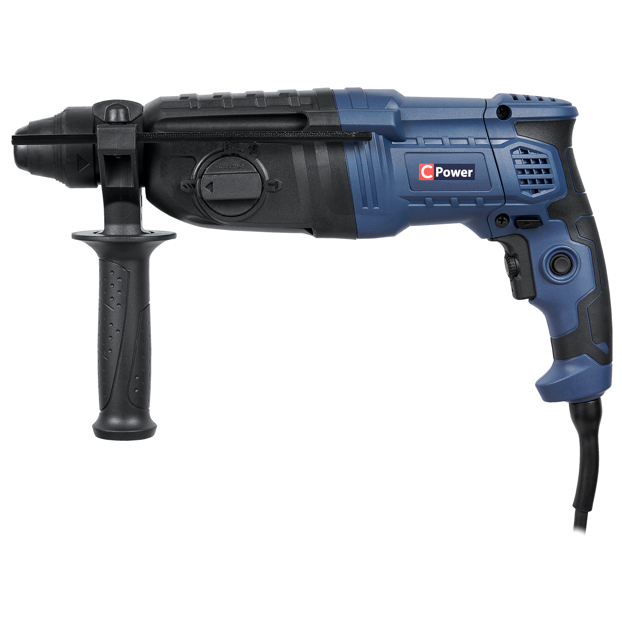 Niebiesko-czarna wiertarka udarowa marki "C Power". Posiada uchwyt, spust i przewód zasilający.