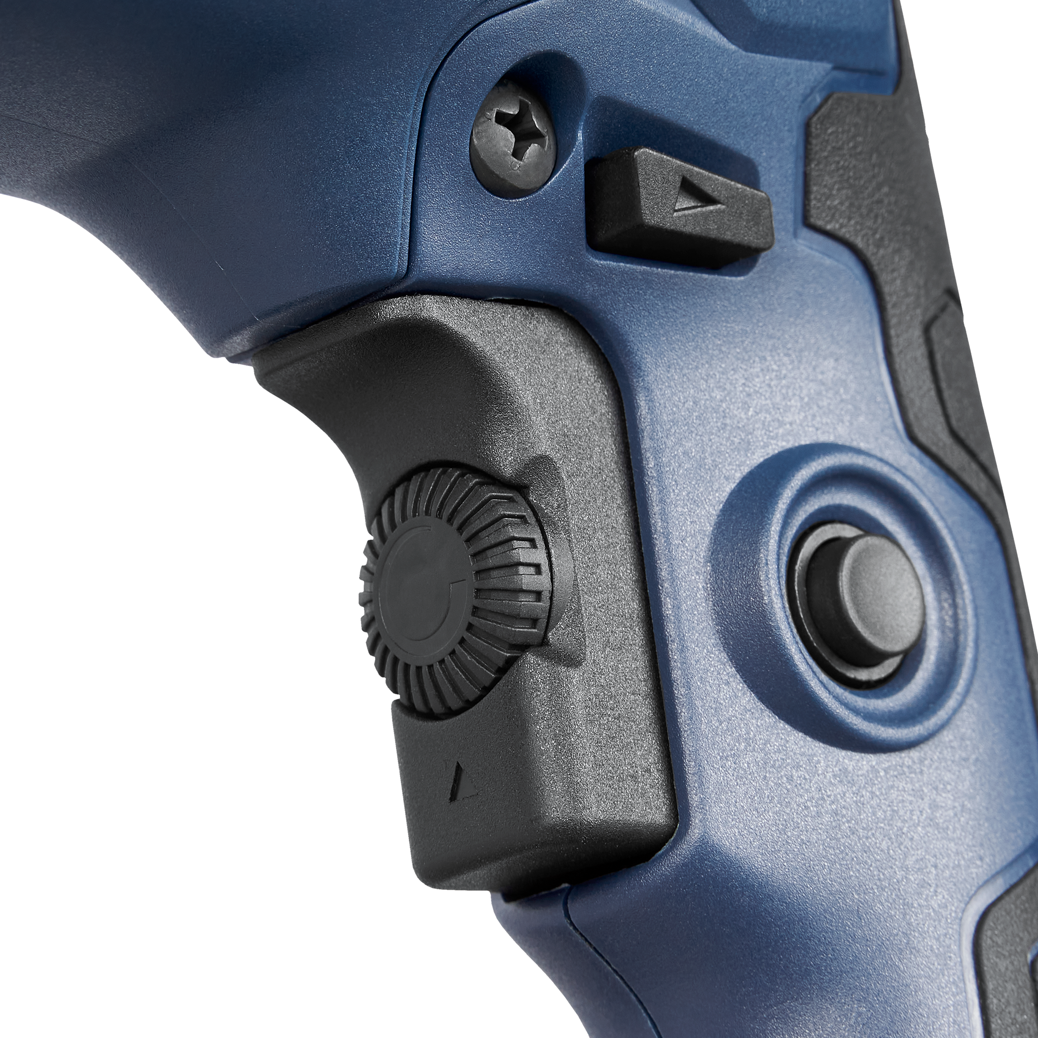 Zbliżenie niebiesko-czarnego elektronarzędzia. Posiada śrubę, przyciski i teksturowane pokrętło na uchwycie.