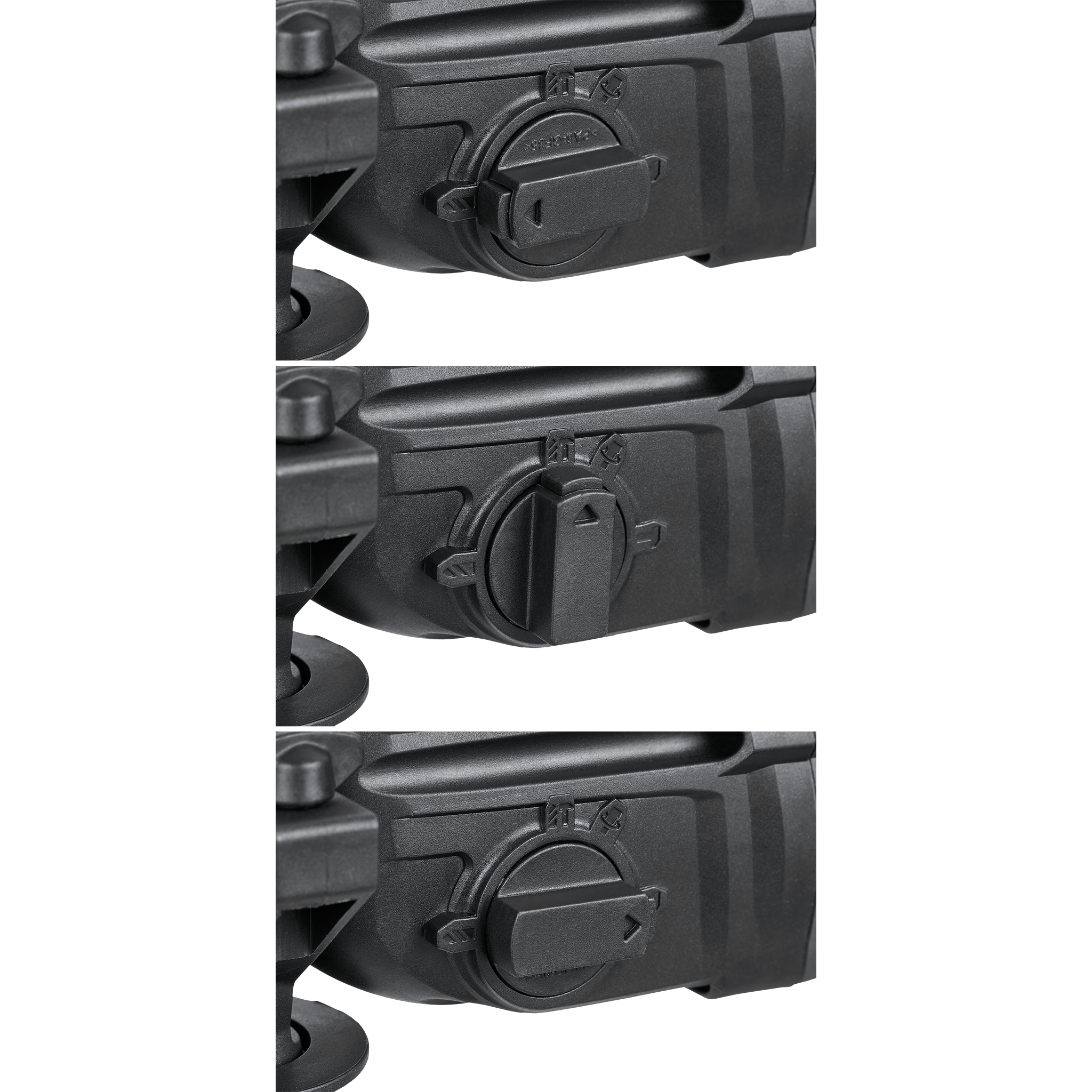 Trzy ułożone w stos czarne plastikowe elementy z okrągłymi pokrętłami i dźwigniami, na białym tle.