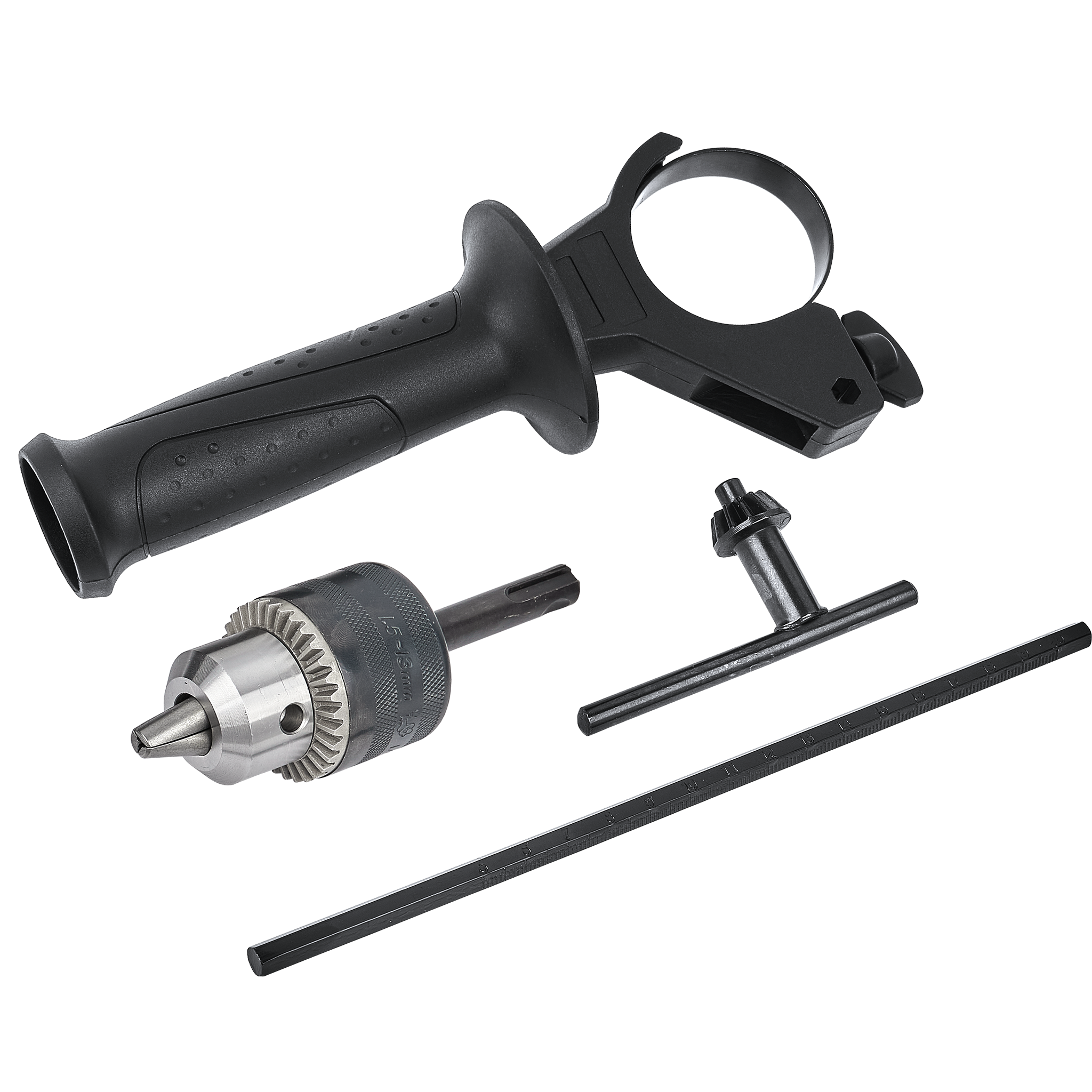 Czarne części wiertarki, w tym uchwyt, uchwyt wiertarski i klucz, na białym tle z geometrycznymi wzorami.