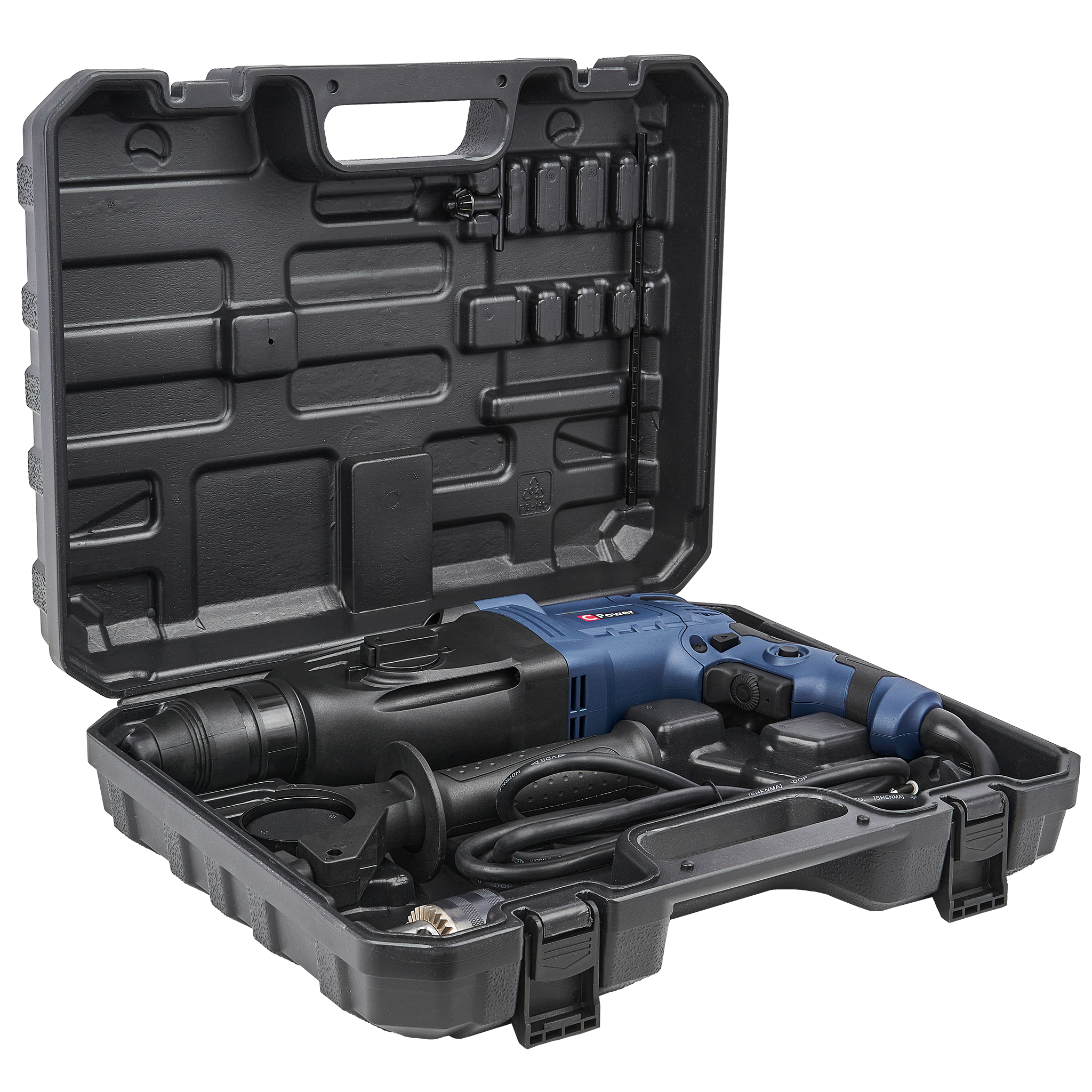 Niebiesko-czarna wiertarka udarowa w otwartej czarnej walizce. Widoczne są również akcesoria i uchwyt.