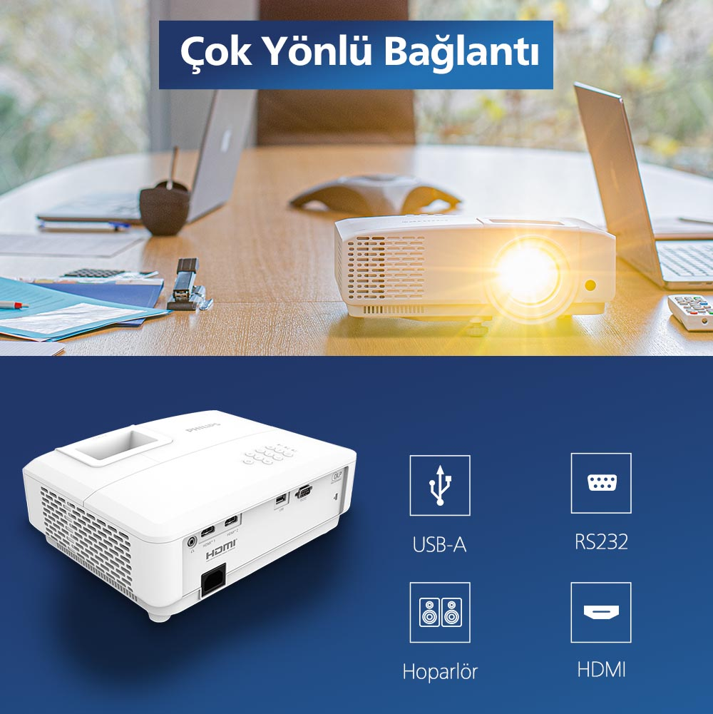 Dizüstü bilgisayarlar, fare ve uzaktan kumanda ile bir masada beyaz bir projektör. USB, RS232, hoparlörler ve HDMI simgeleri gösteriliyor.
