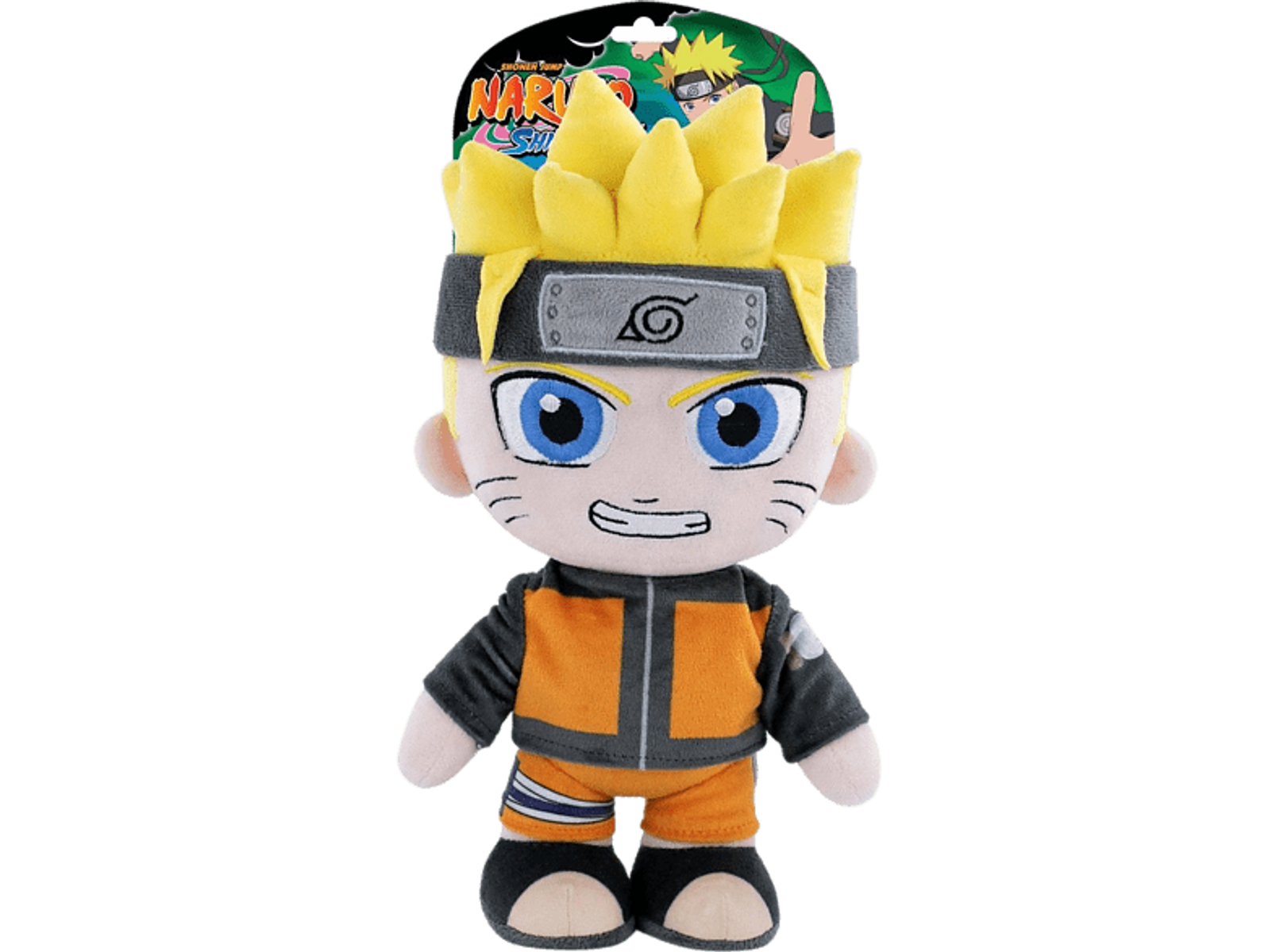 Un peluche de Naruto de pie. Tiene pelo amarillo, ojos azules, un atuendo naranja y negro y una diadema. Una etiqueta está encima.