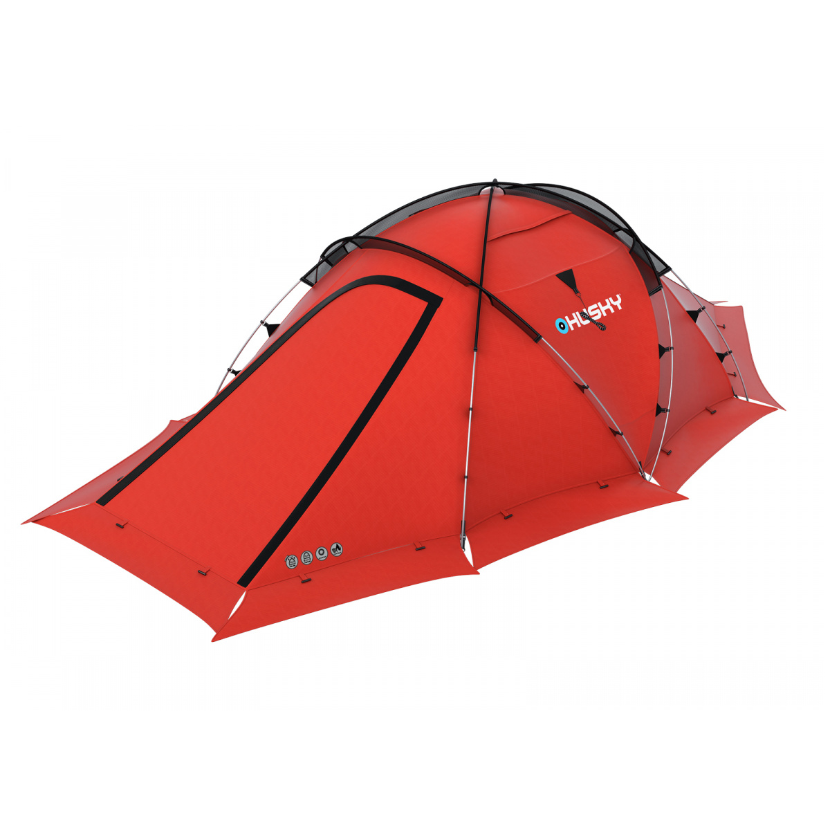 Ein rotes Campingzelt mit schwarzen Akzenten und dem 'Husky'-Logo. Es steht auf weißem Hintergrund und zeigt das Design.