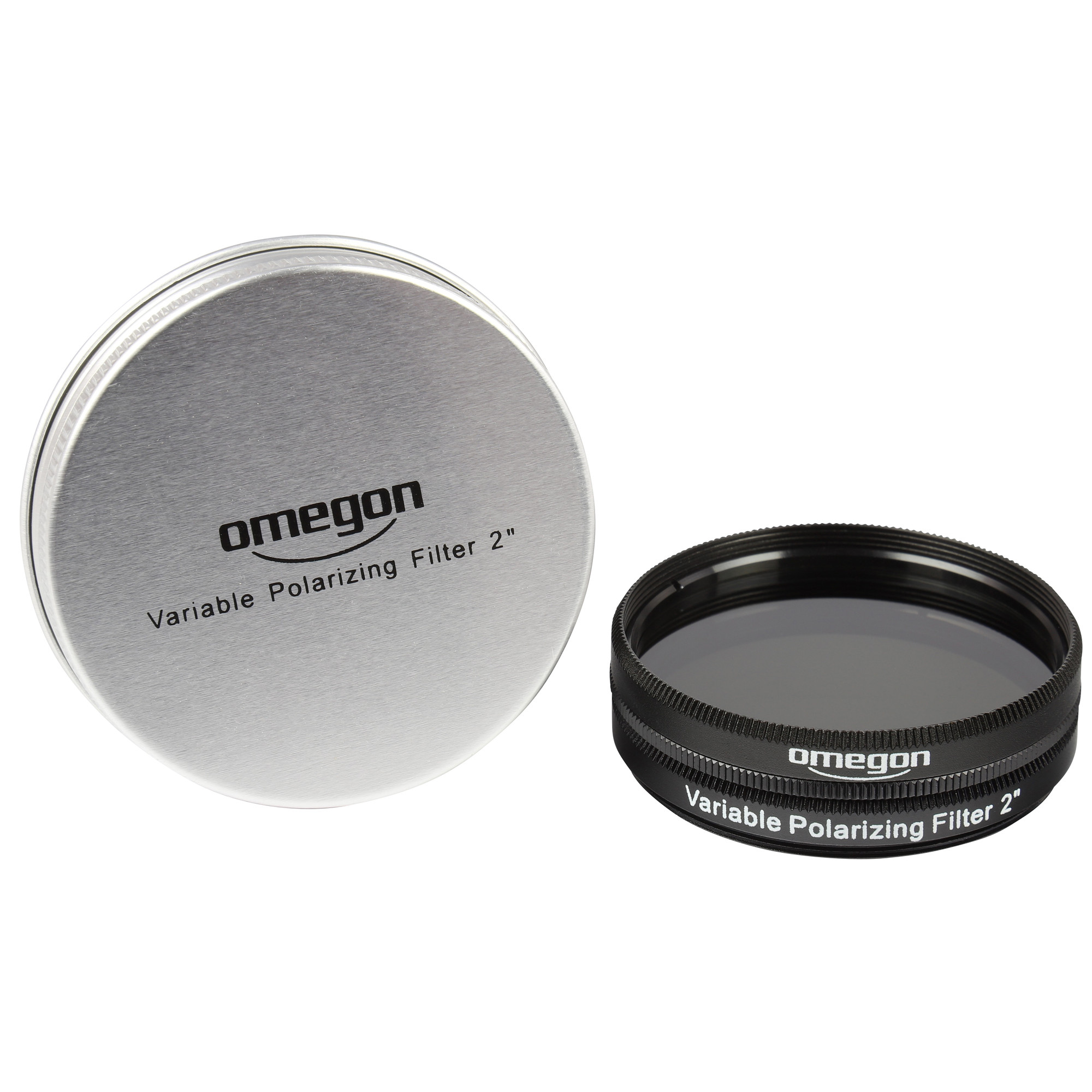 Eine silberne Dose und ein schwarzer Filter mit weißem Text, beide mit der Aufschrift 'Omegon Variable Polarizing Filter 2"'.