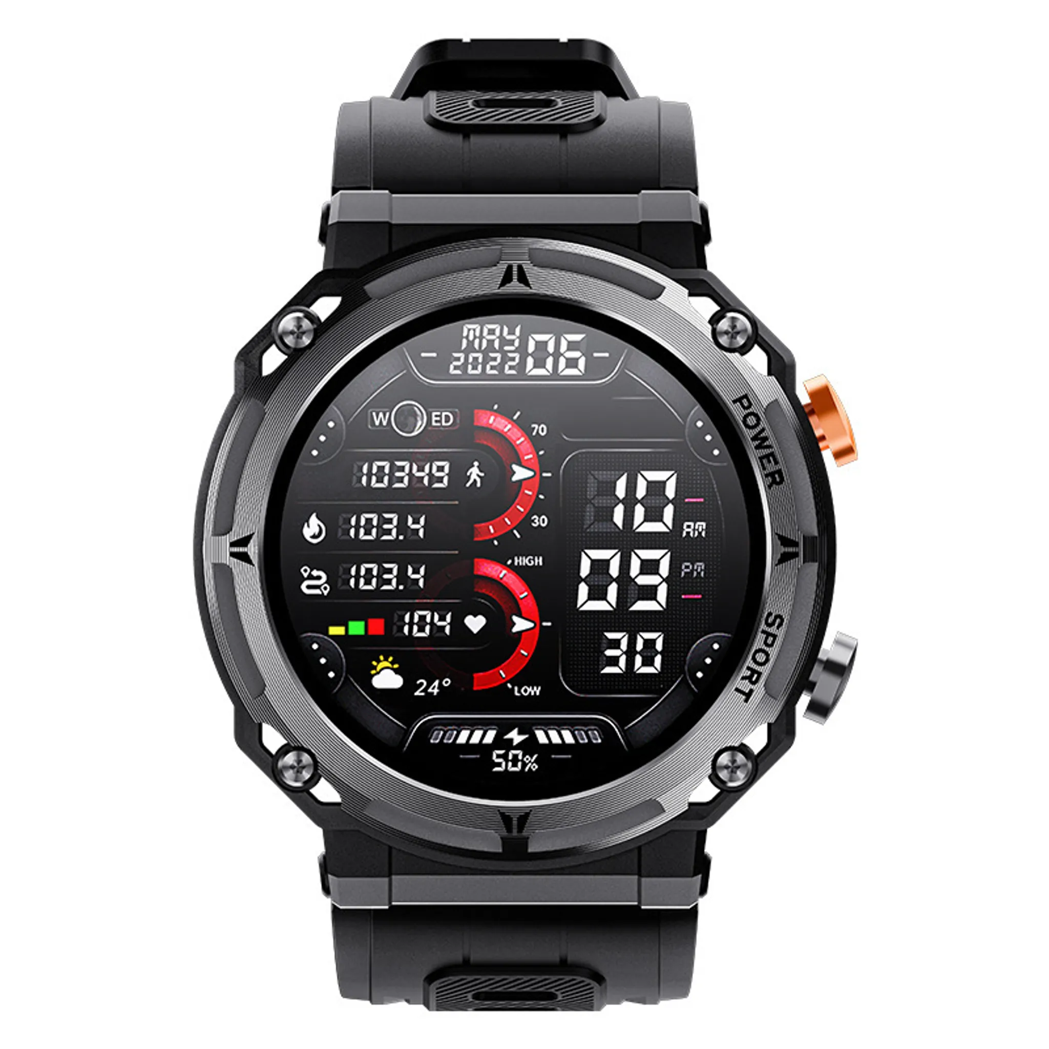 Eine schwarze Smartwatch mit digitaler Anzeige, die Zeit, Datum, Schritte, Herzfrequenz und Akkulaufzeit anzeigt.