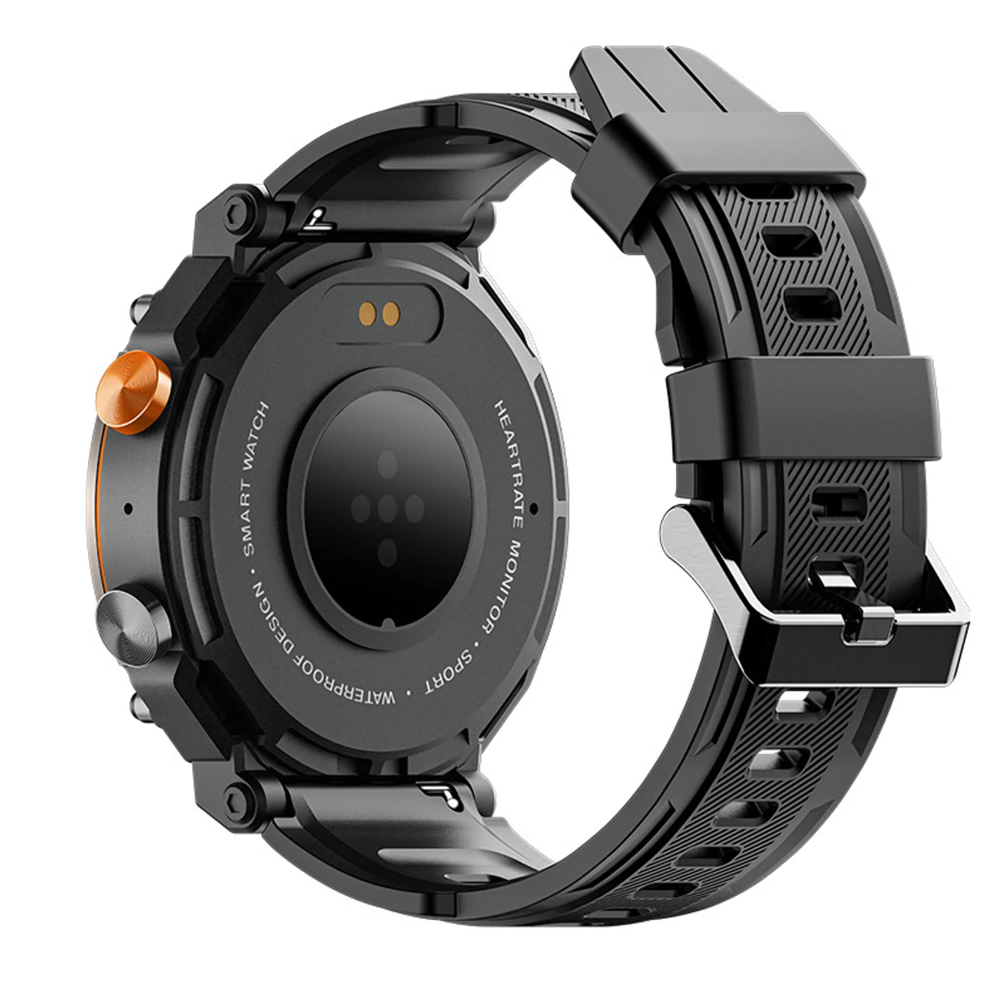 Schwarze Smartwatch mit orangefarbenen Akzenten und schwarzem Armband. Funktionen: Herzfrequenzmesser und wasserdichtes Design.