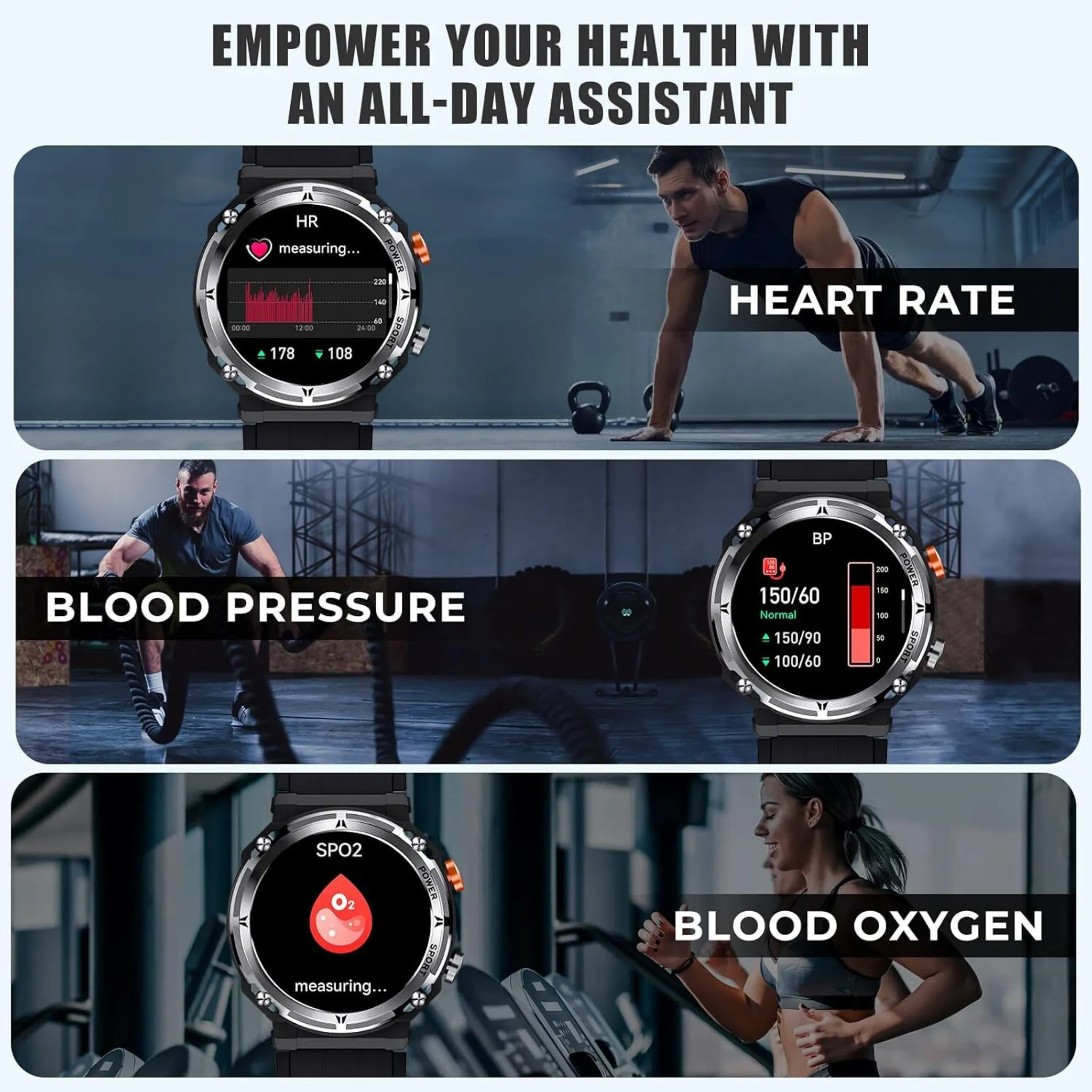 Das Bild zeigt eine Smartwatch mit Herzfrequenz, Blutdruck und Blutsauerstoff, mit Fitness-Szenen.