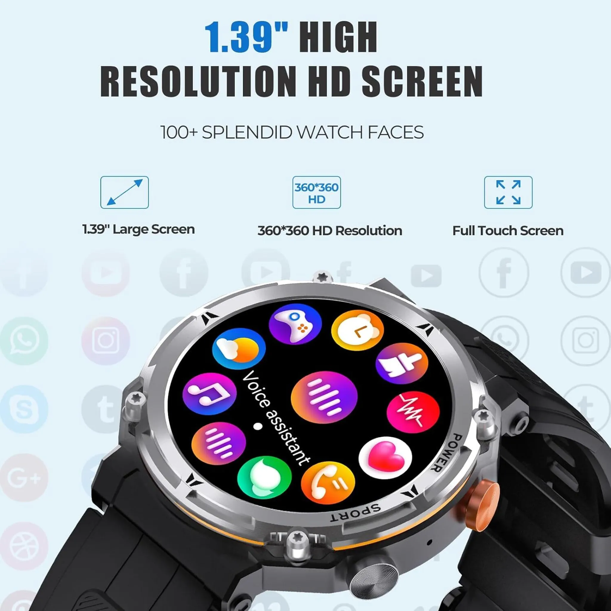 Eine Smartwatch mit rundem Bildschirm. Es zeigt Symbole und Text an. Die Uhr hat ein schwarzes Armband und eine silberne Lünette.