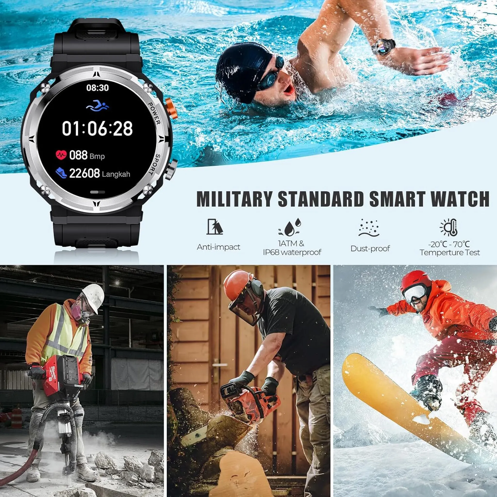 Smartwatch mit Anzeige von Zeit und Gesundheitsmetriken, Schwimmer im Wasser, Arbeiter mit Werkzeugen und Snowboarder.
