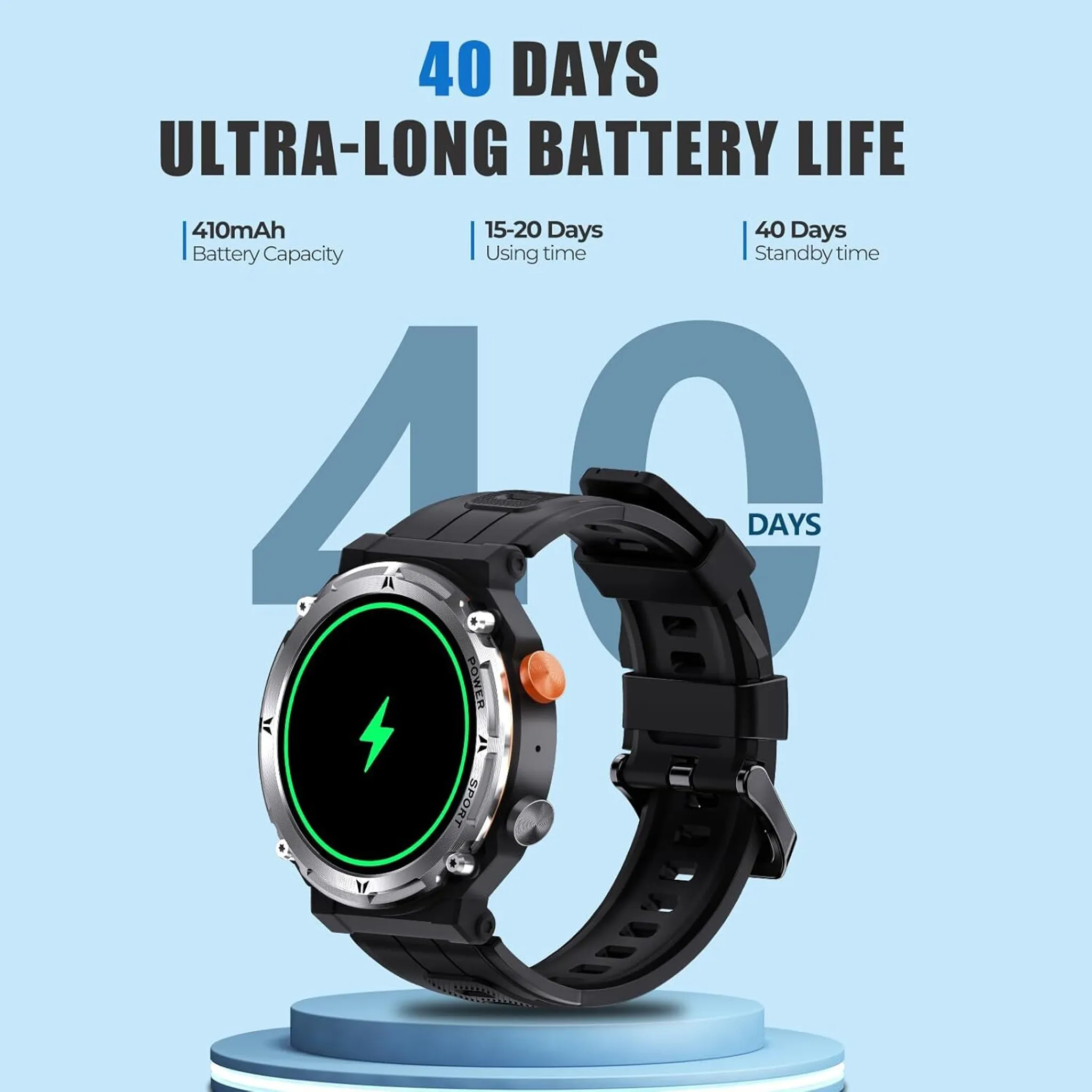 Schwarze Smartwatch mit grünem Display, das einen Blitz zeigt. Text zeigt 40 Tage Akkulaufzeit und weitere Spezifikationen.