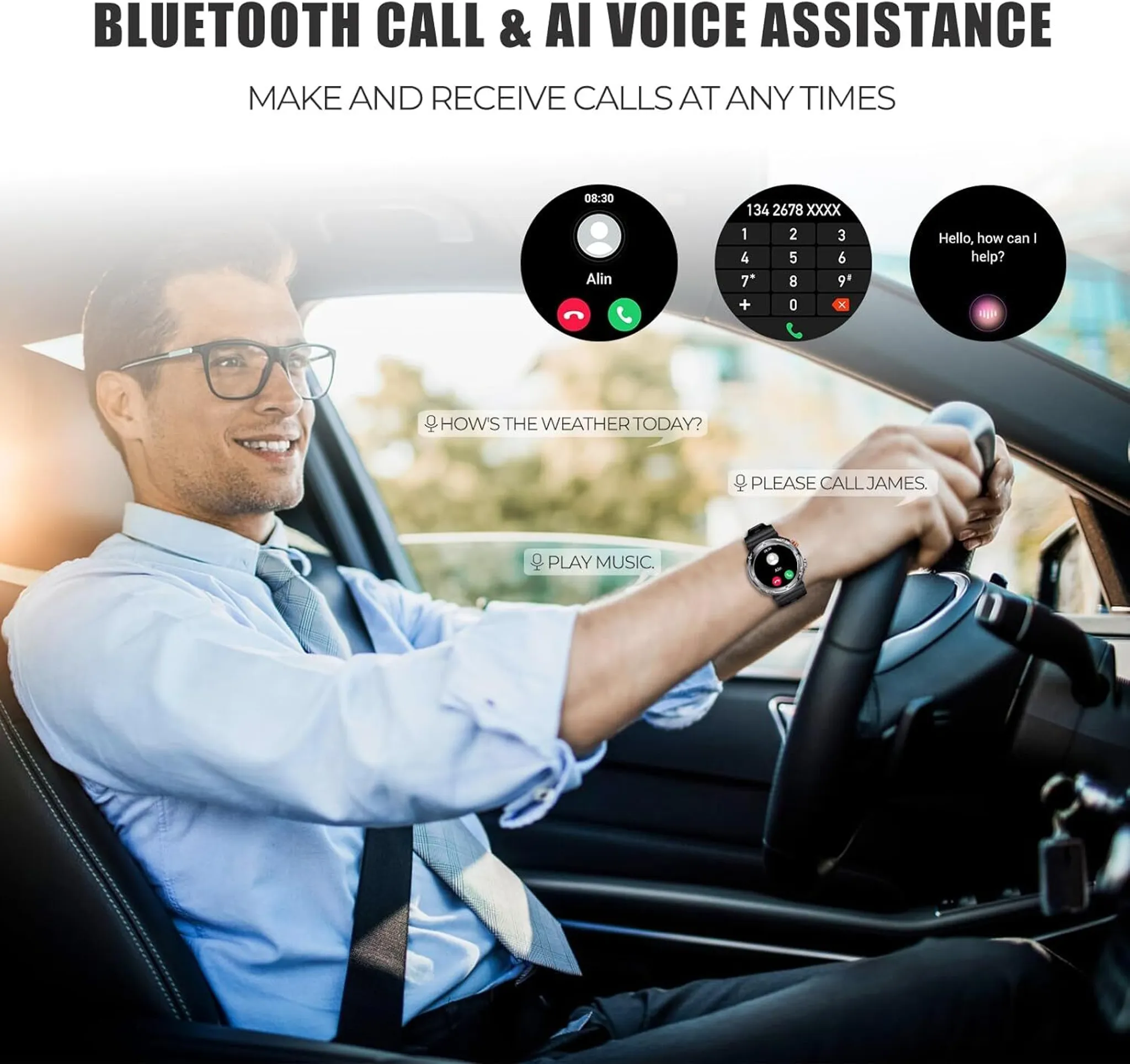 Ein Mann im Auto nutzt eine Smartwatch für Anrufe. Anzeigen zeigen Anrufbildschirme und Sprachassistent-Eingabeaufforderungen.