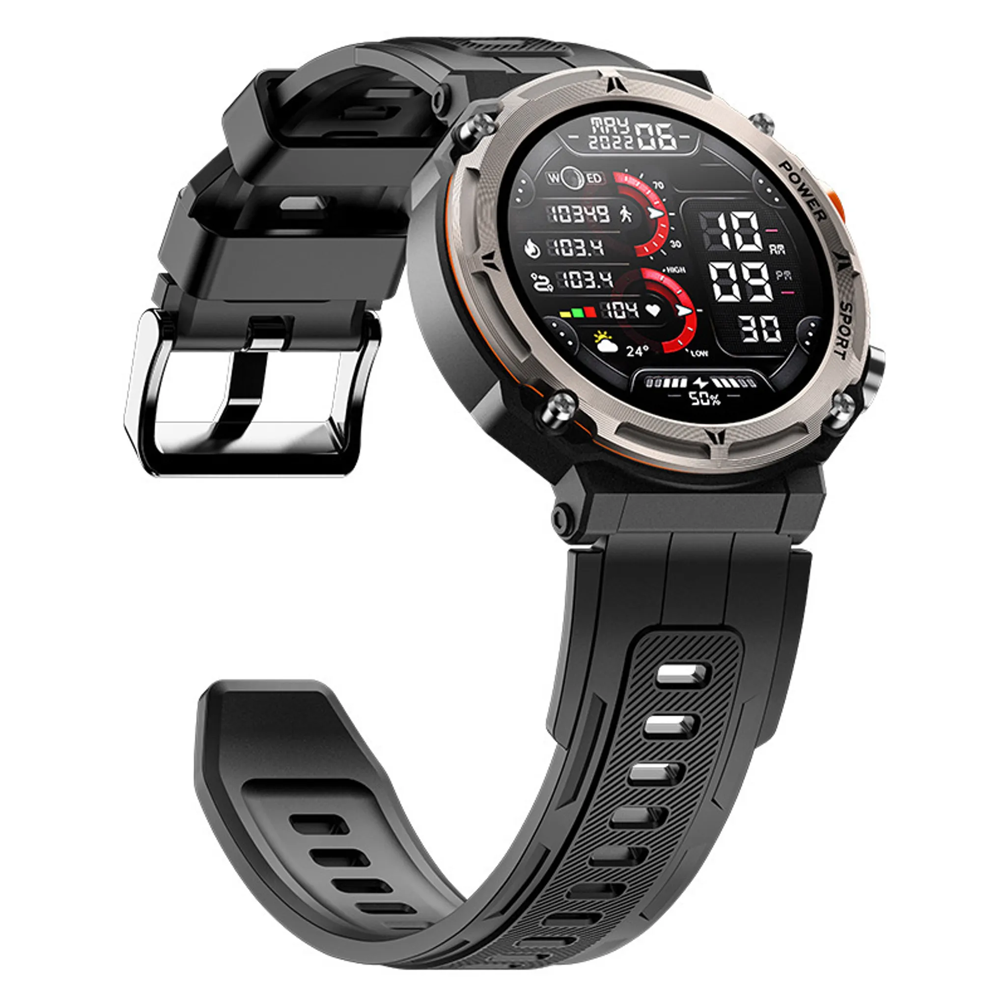 Eine schwarze Smartwatch mit silberner Lünette zeigt Zeit und Gesundheitsmetriken an. Das Armband ist schwarz und abgenommen.