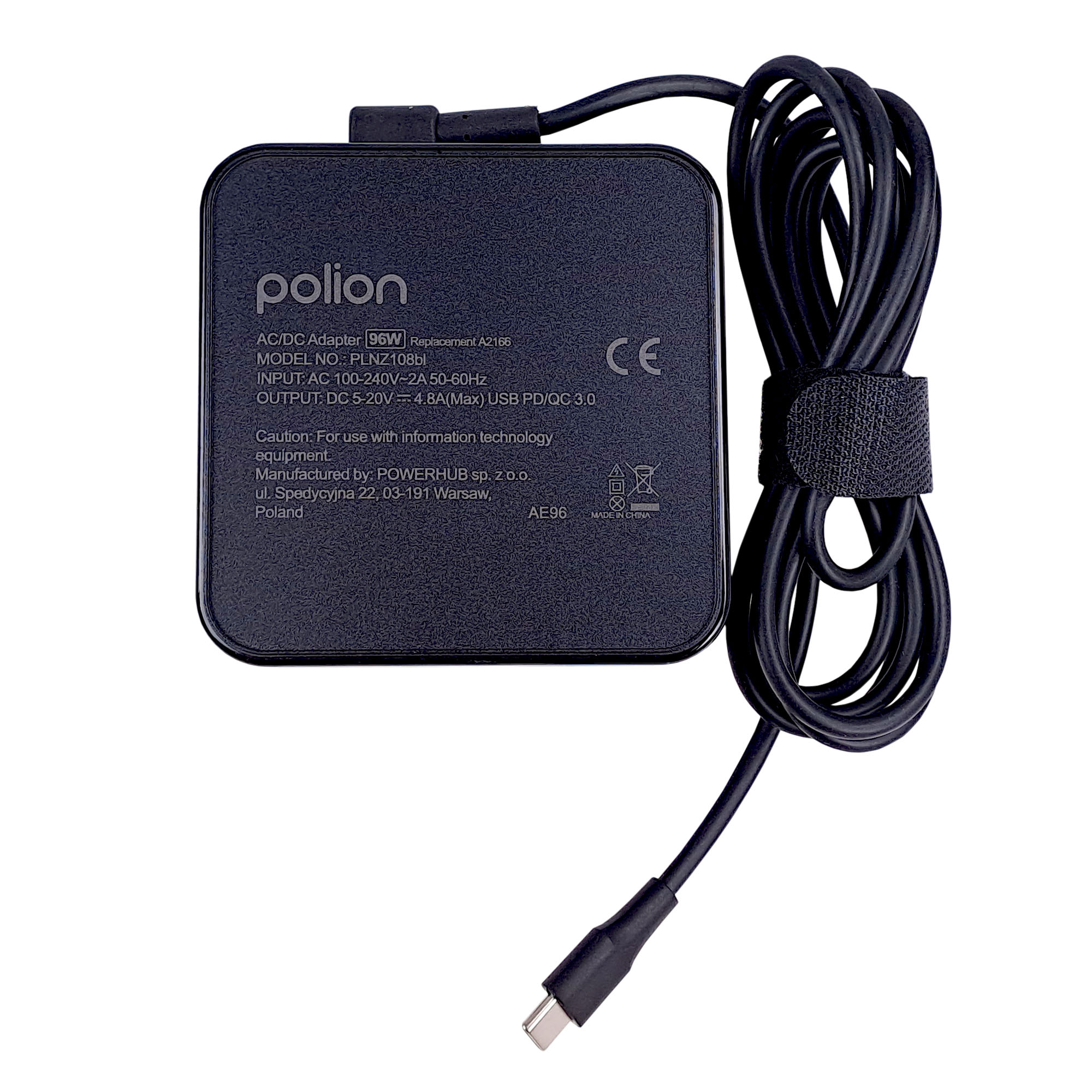 Czarny adapter Polion AC/DC z czarnym kablem i złączem USB-C. Adapter posiada tekst i oznaczenie CE.