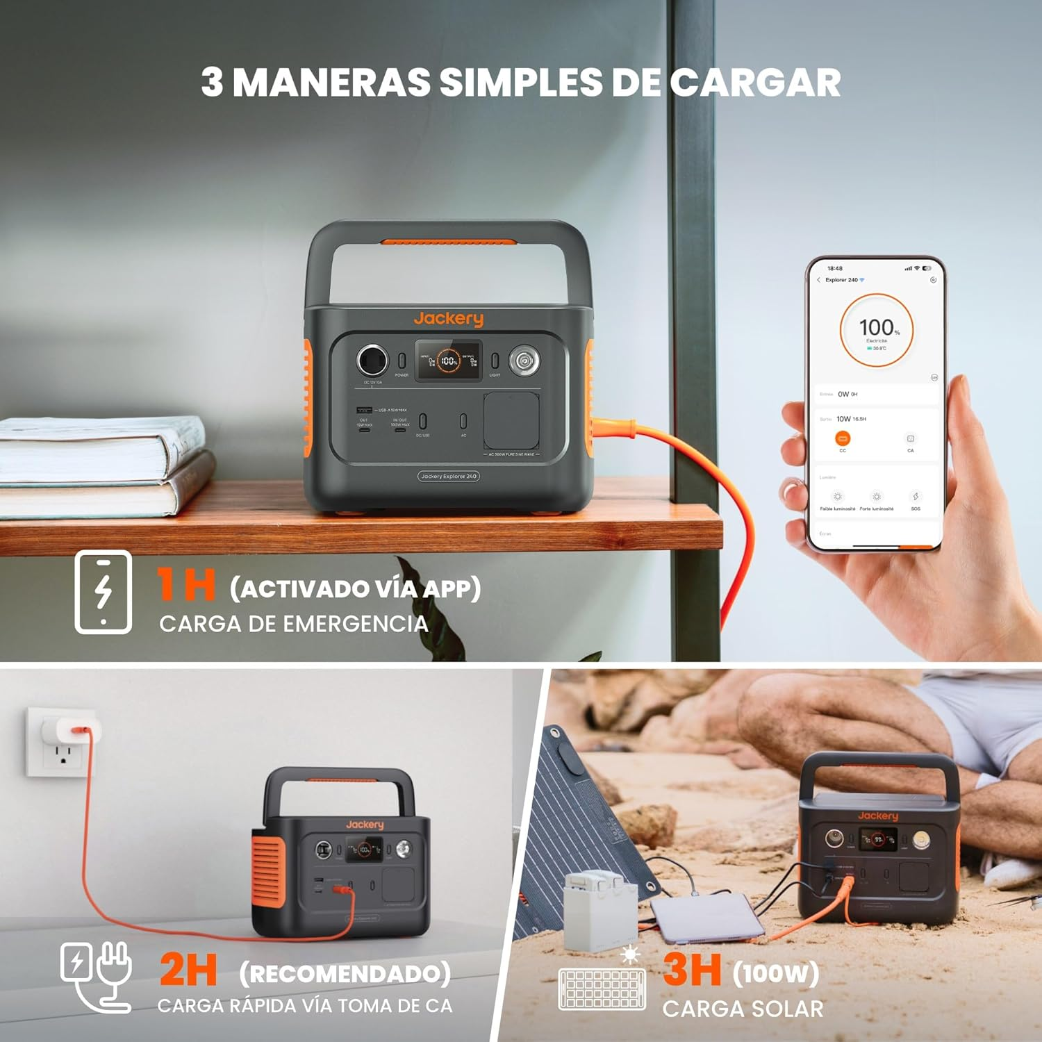 Das Bild zeigt eine Jackery-Powerstation, die über verschiedene Methoden aufgeladen wird: App, Steckdose und Solarpanel, mit einem Telefon, das die Ladung anzeigt.