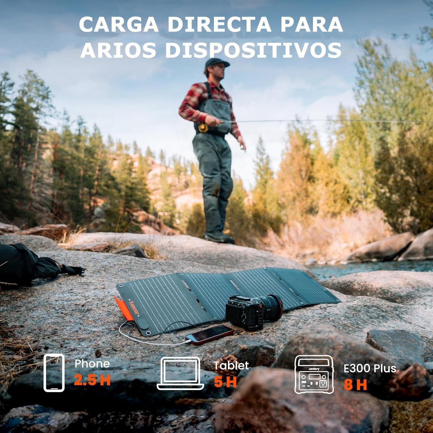 Ein Mann fischt am Fluss. Ein Solarpanel lädt Geräte wie Telefon, Tablet und E300 Plus. Text: CARGA DIRECTA PARA ARIOS DISPOSITIVOS