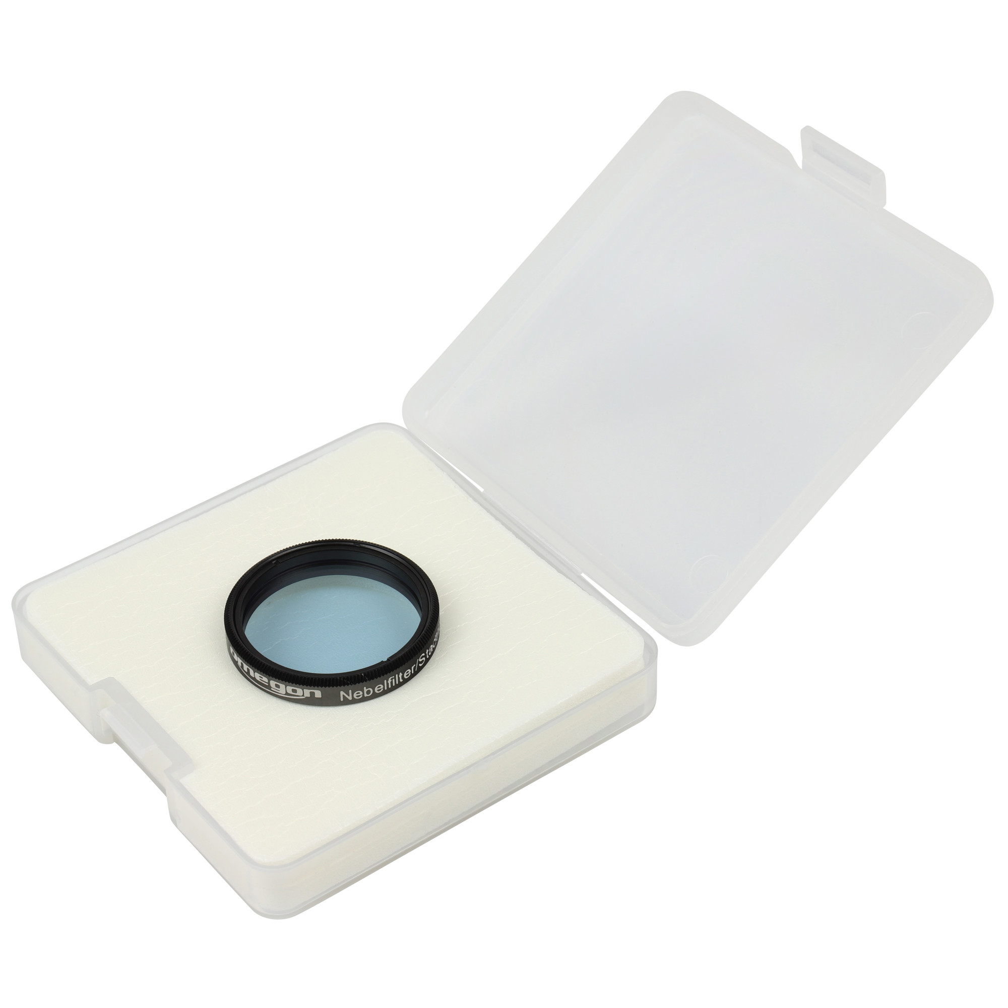 Offene Hülle mit einem kreisförmigen Objektivfilter. Der Filter ist schwarz mit blauem Glas. Die Hülle ist weiß.