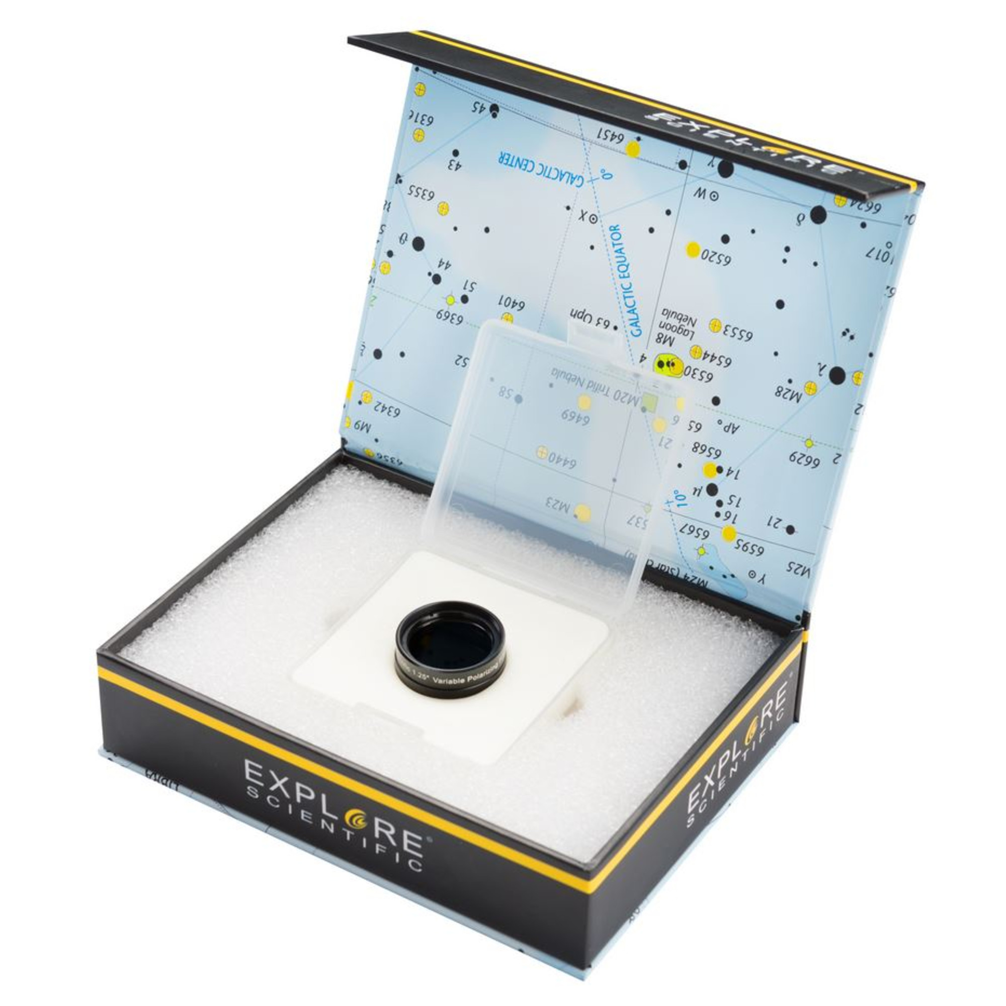 Geöffnete Box mit Filter und Sternkarte. Der Filter ist schwarz. Die Box ist schwarz mit Gelb.
