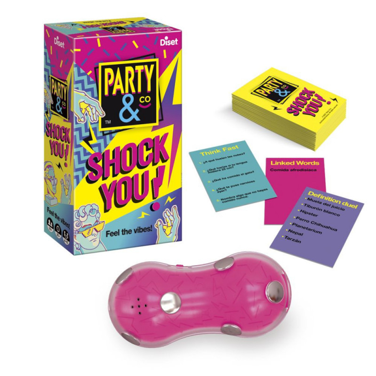 Una caja de juego, cartas y un dispositivo electrónico rosa. La caja dice 'Party & Co Shock You!' con gráficos coloridos.