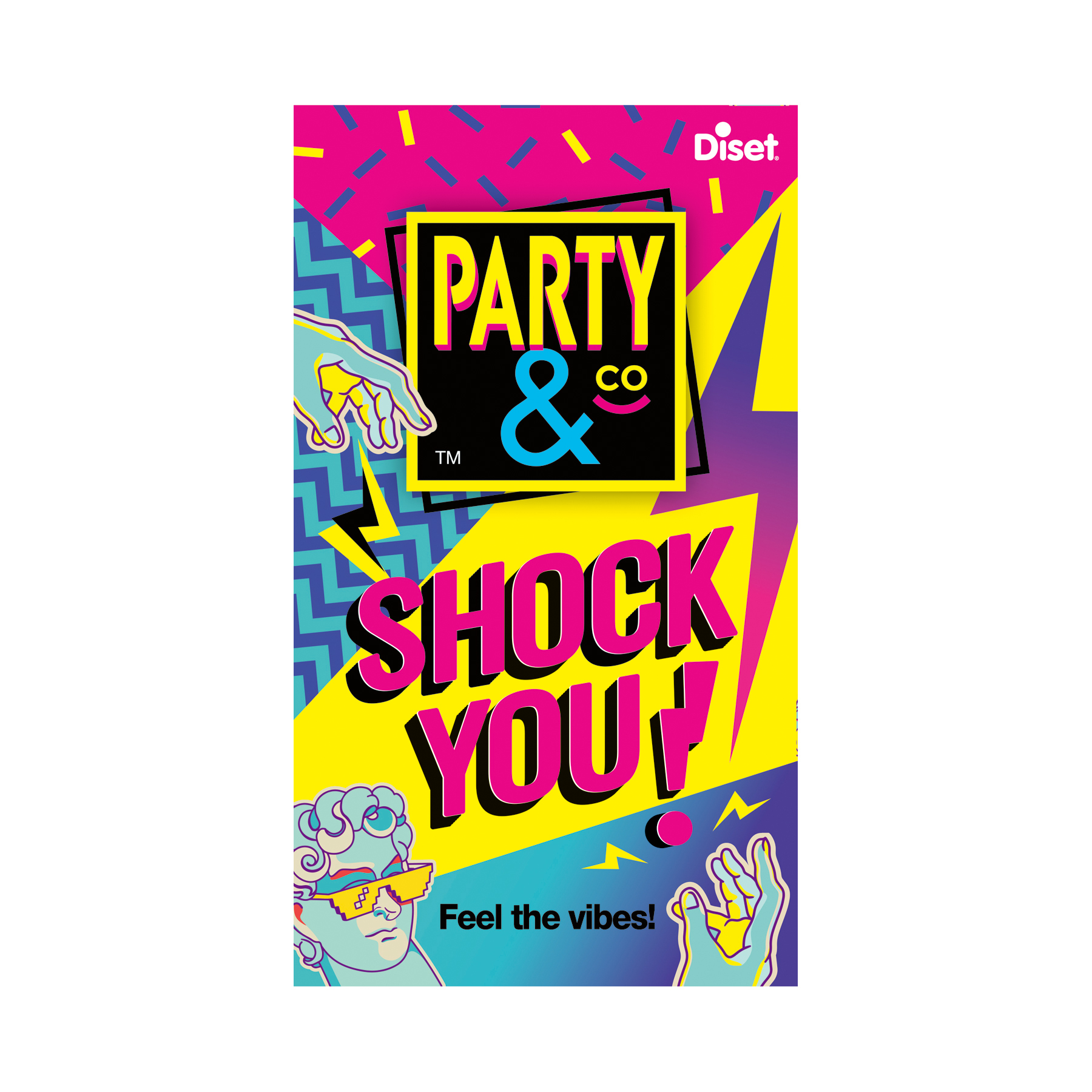 Póster con el logo 'Party & Co'. Contiene colores vibrantes, manos, rayos y una estatua con gafas. Texto 'Shock You!'