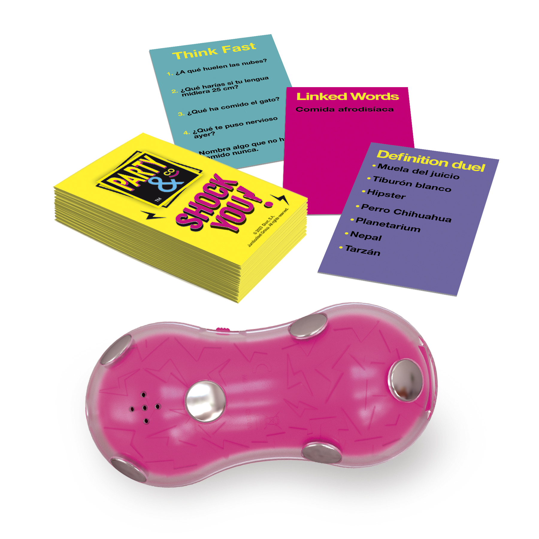 Un juego con cartas, un dispositivo rosa y texto en español. Las cartas muestran nombres de juegos y preguntas.