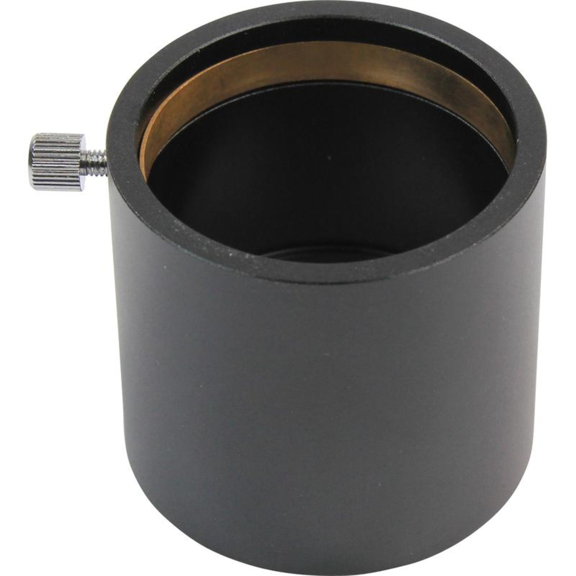 Ein schwarzes zylindrisches Metallrohr mit einem Messingring im Inneren und einer Schraube an der Seite.