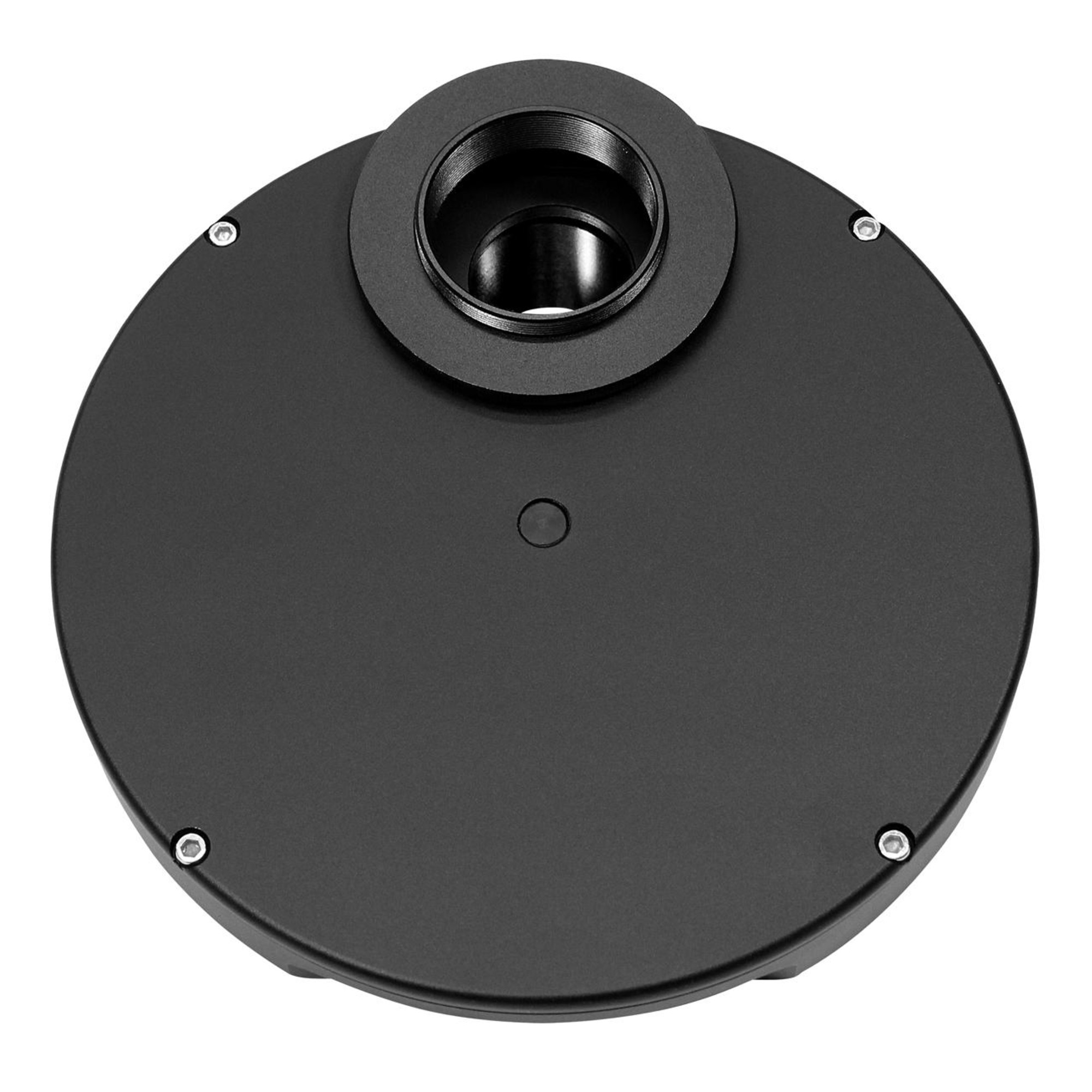 Ein schwarzes Metallobjekt mit kreisförmigem Design. Es hat ein zentrales Loch mit erhöhtem Ring und mehreren Schrauben.